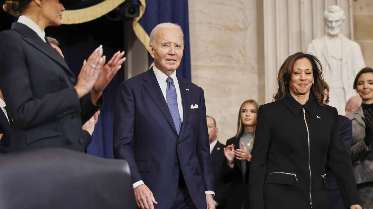 President Joe Biden and Vice President Kamala Harris arrive at the 60th Presidential Inauguration in the Rotunda of the U.S. Capitol in Washington, on Monday.