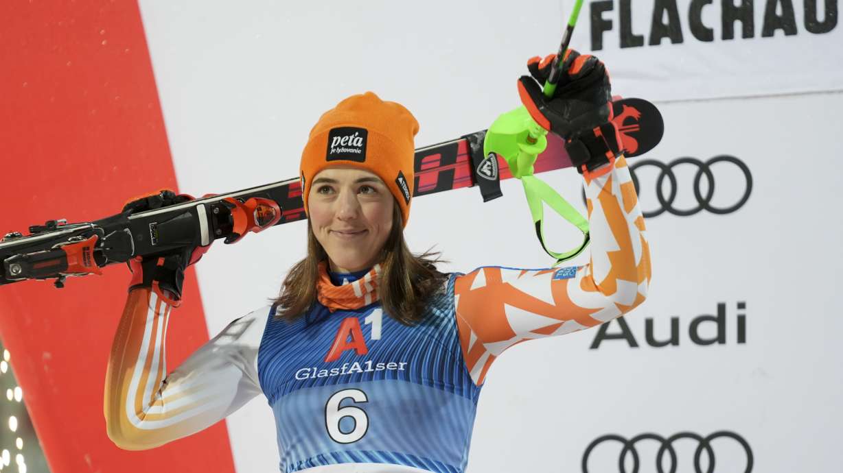 FILE - Slovakia's Petra Vlhova celebrates her second place in an alpine ski, women's World Cup slalom in Flachau, Austria, Jan. 16, 2024.