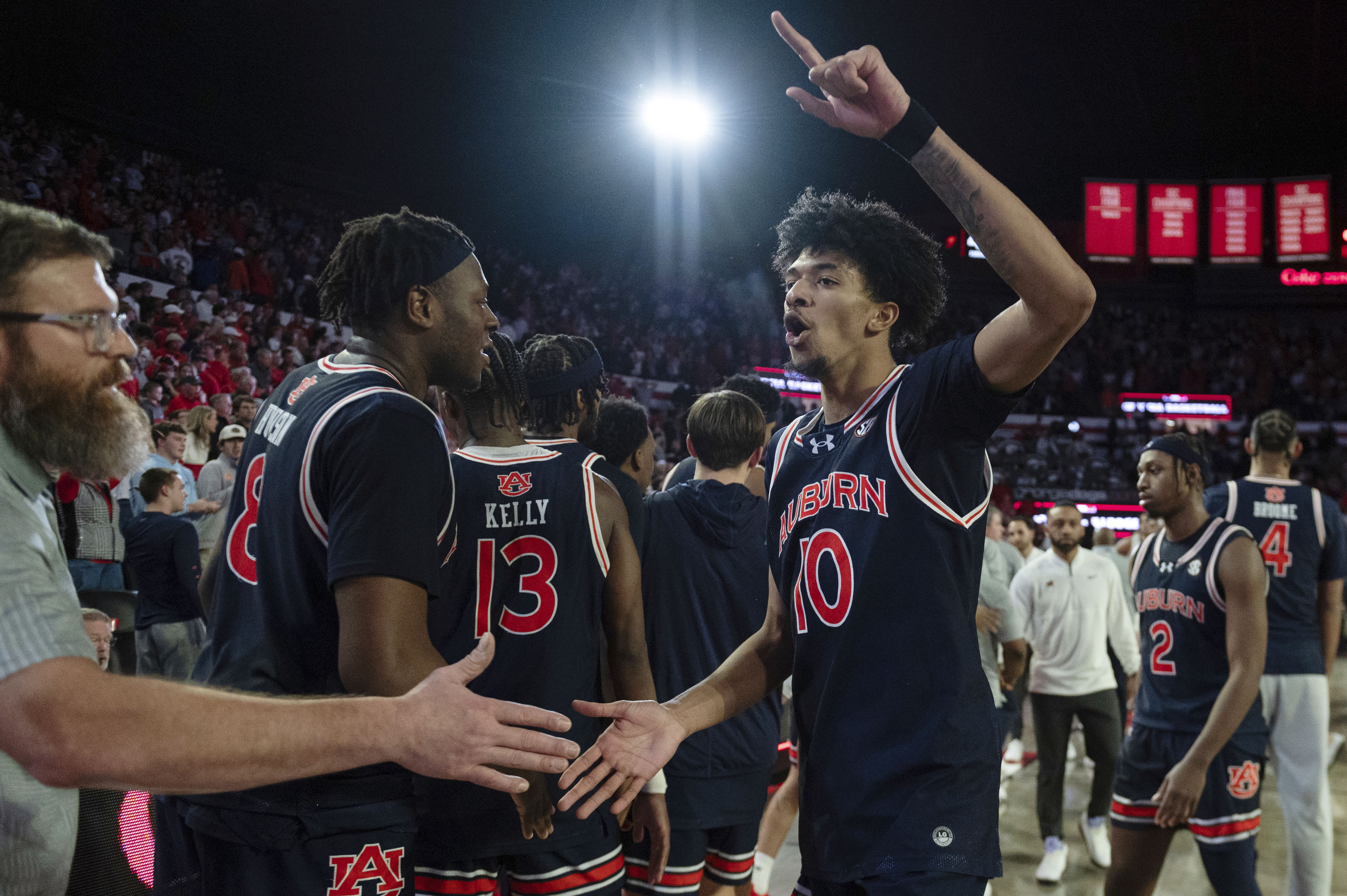 Auburn guard Chad Baker-Mazara (10) celebrates after an NCAA college basketball game against Georgia, Saturday, Jan. 18, 2025, in Athens, Ga.