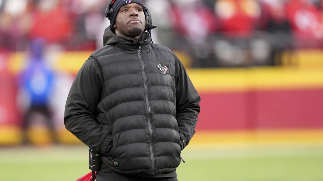 Houston Texans head coach DeMeco Ryans watches from the sidelines during the first half of an NFL football AFC divisional playoff game against the Kansas City Chiefs Saturday, Jan. 18, 2025, in Kansas City, Mo.
