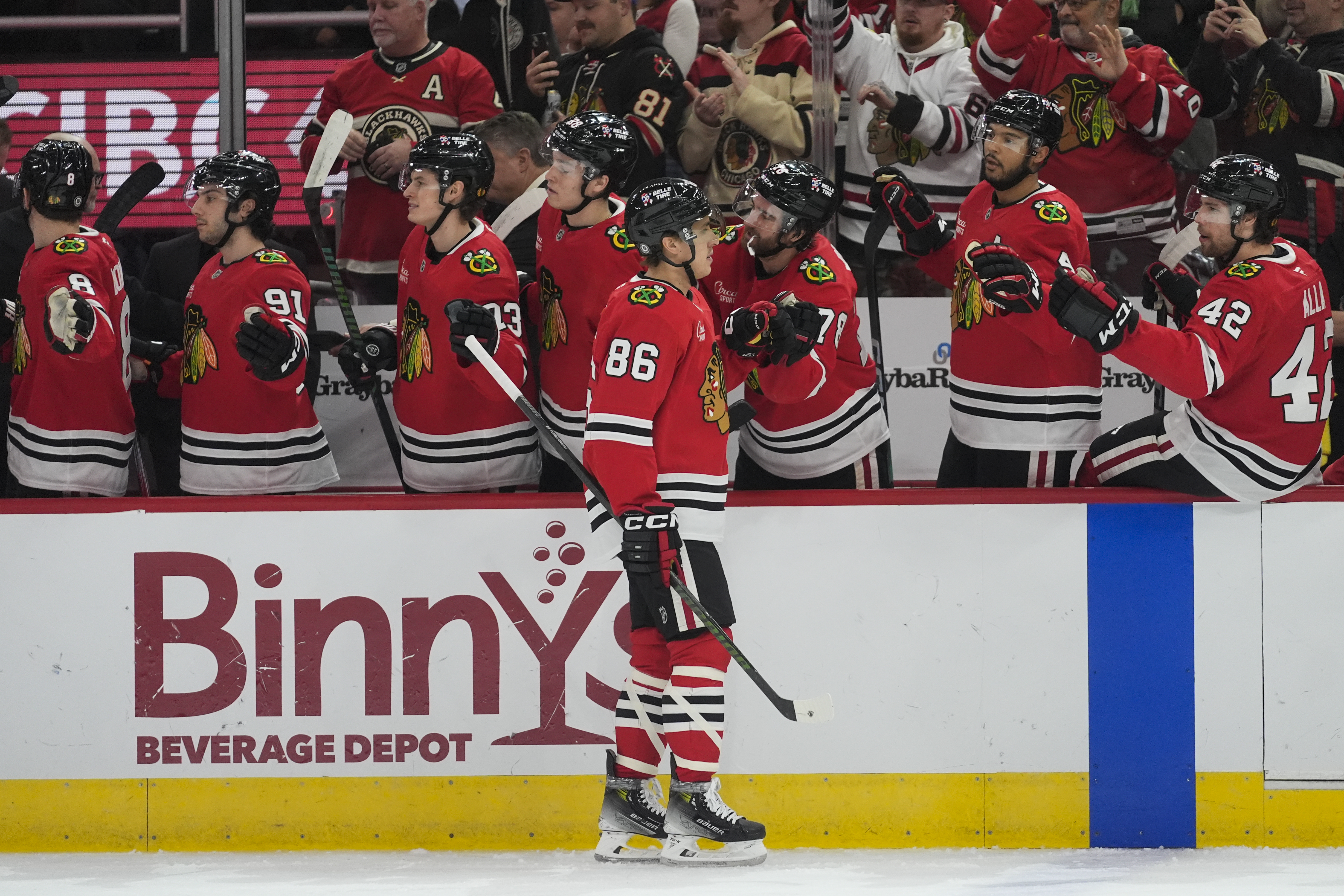 Chicago Blackhawks center Teuvo Teravainen (86) celebrates his goal on the Edmonton Oilers during the first period of an NHL hockey game Saturday, Jan. 11, 2025, in Chicago.