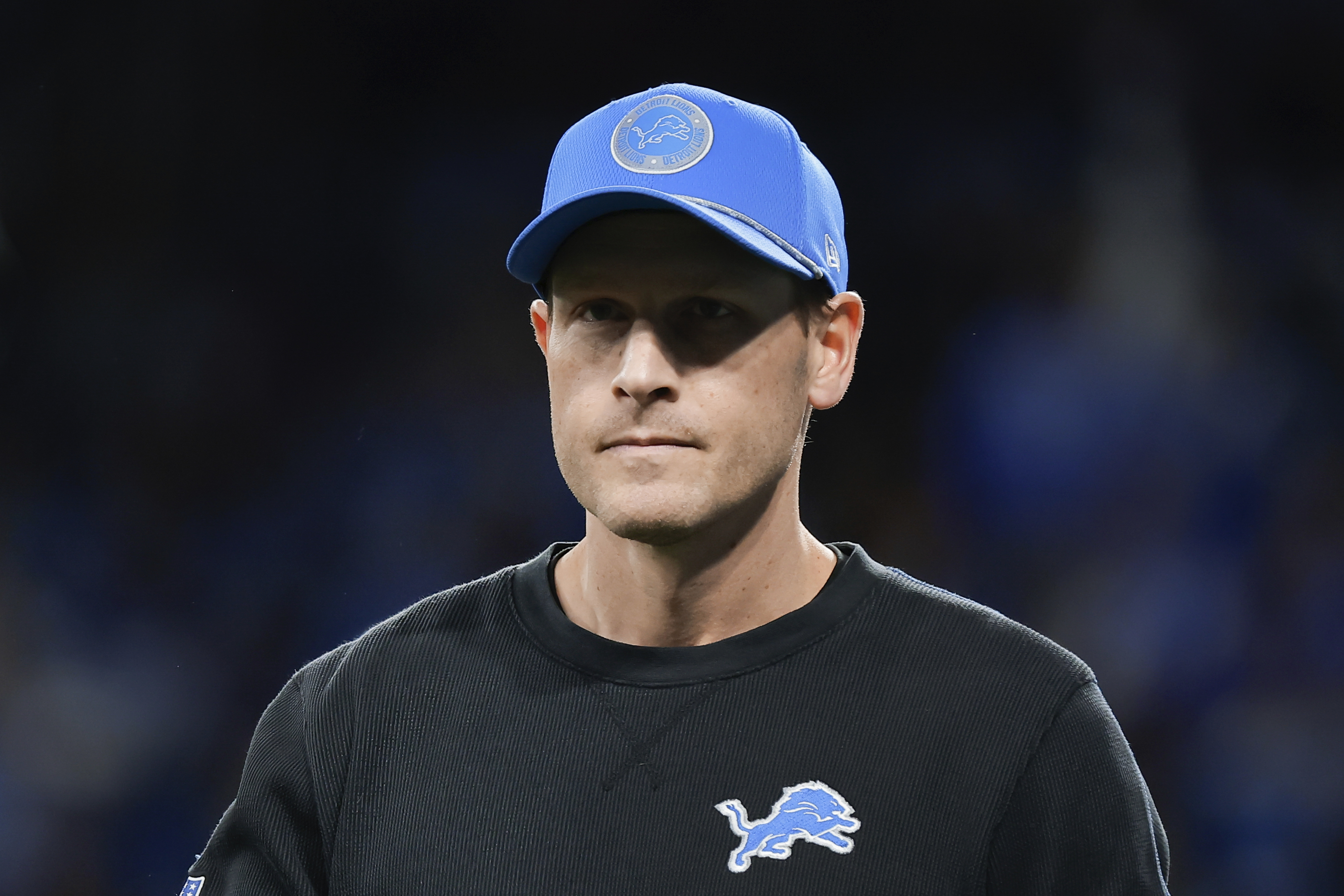 Detroit Lions offensive coordinator Ben Johnson watches during warmups before an NFL football divisional playoff game against the Washington Commanders, Saturday, Jan. 18, 2025, in Detroit.