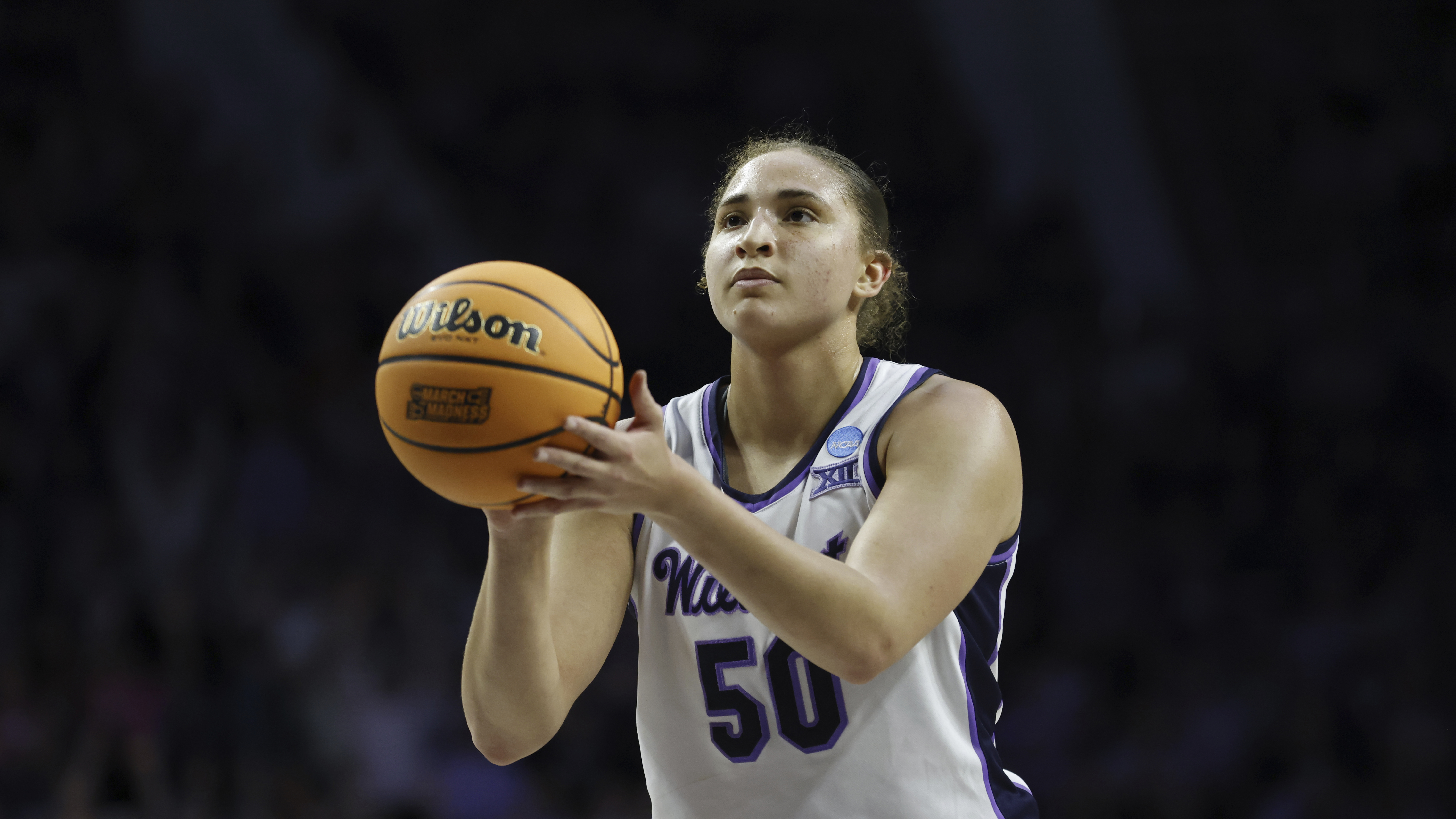 FILE - Kansas State center Ayoka Lee (50) during a college basketball game in the women's NCAA Tournament, March 22, 2024, in Manhattan, Kan.