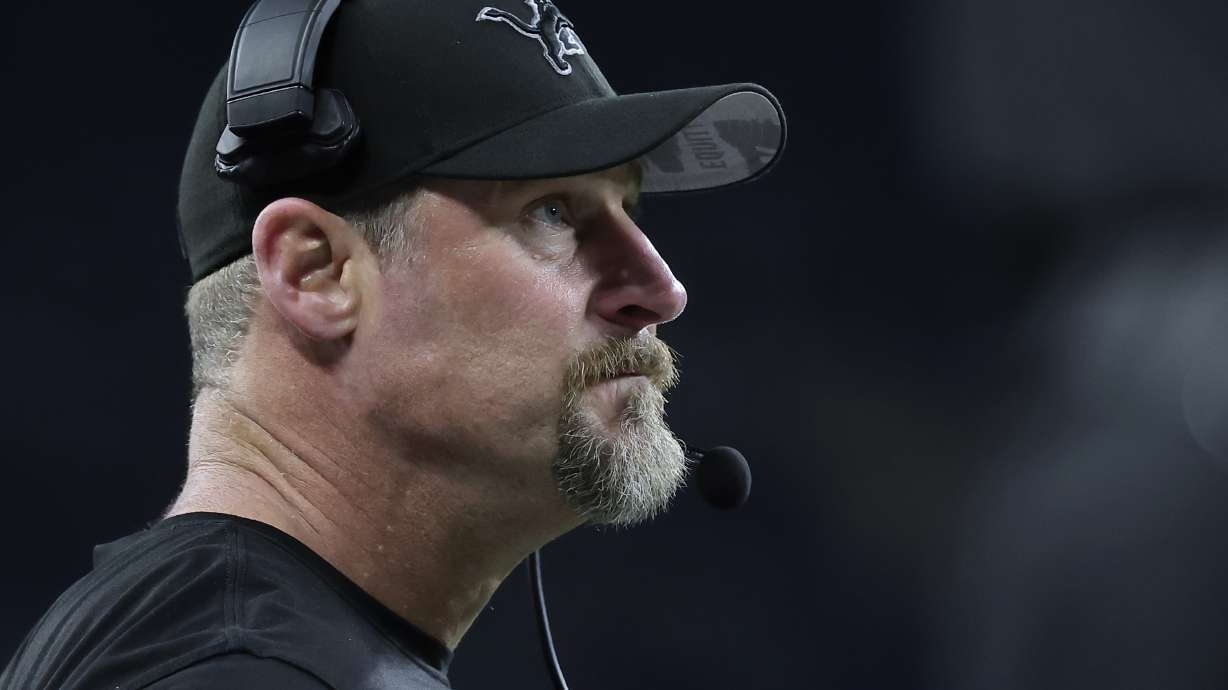 Detroit Lions head coach Dan Campbell watches against the Washington Commanders during the second half of an NFL football divisional playoff game, Saturday, Jan. 18, 2025, in Detroit.