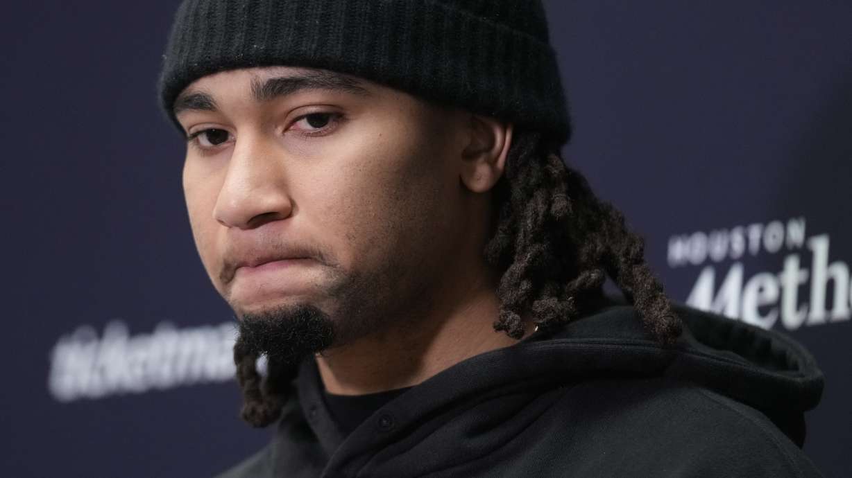 Houston Texans quarterback C.J. Stroud pauses during a news conference following an NFL football AFC divisional playoff game against the Kansas City Chiefs Saturday, Jan. 18, 2025, in Kansas City, Mo.