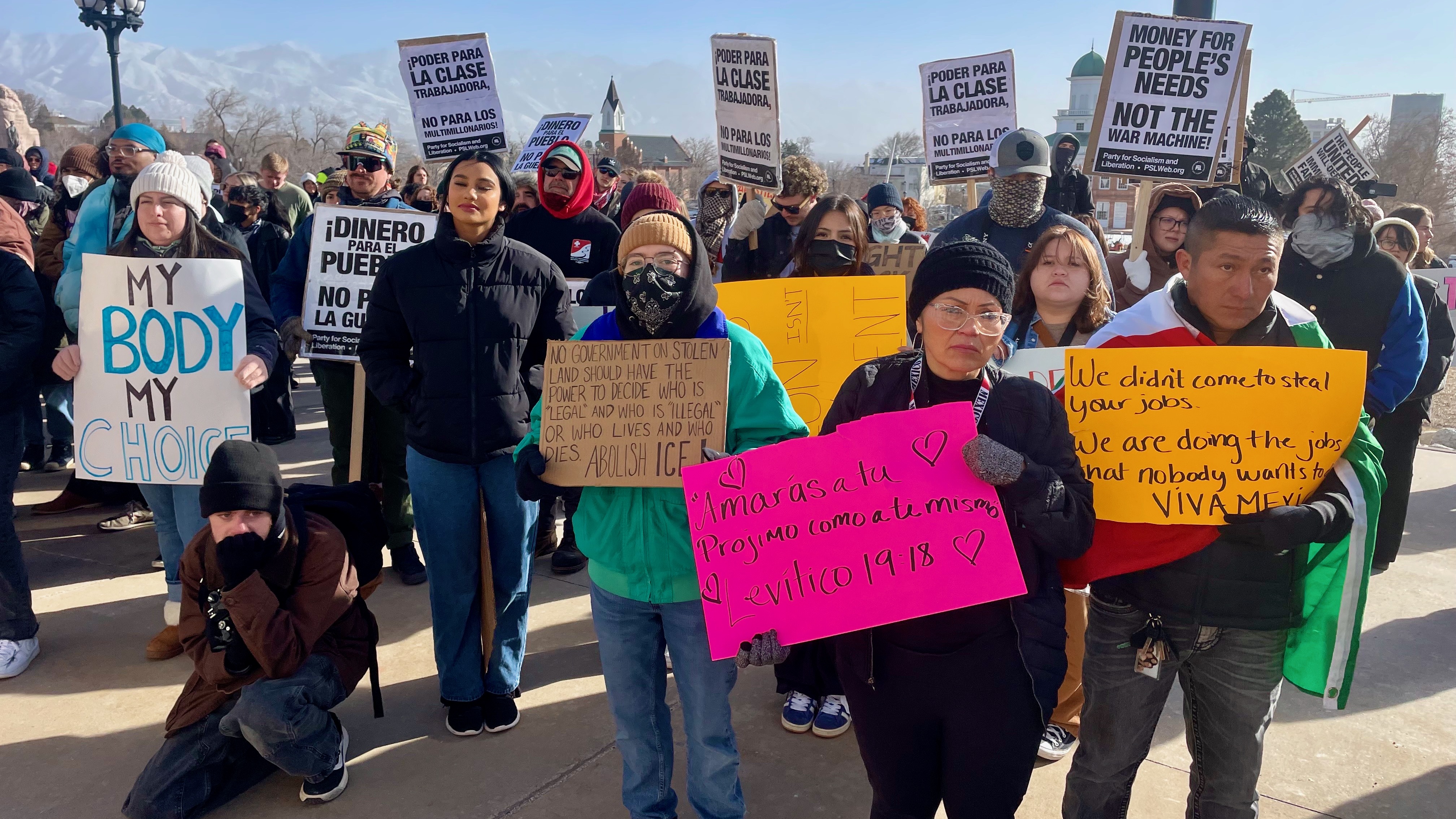 Demonstrators gathered at the Utah Capitol in Salt Lake City on Monday to protest the new administration of President Donald Trump hours after his inauguration.