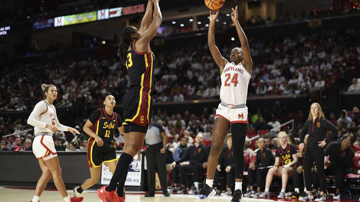 Maryland guard Bri McDaniel (24) takes a shot over Southern California center Rayah Marshall (13) during the second half of an NCAA college basketball game, Wednesday, Jan. 8, 2025, in College Park, Md.