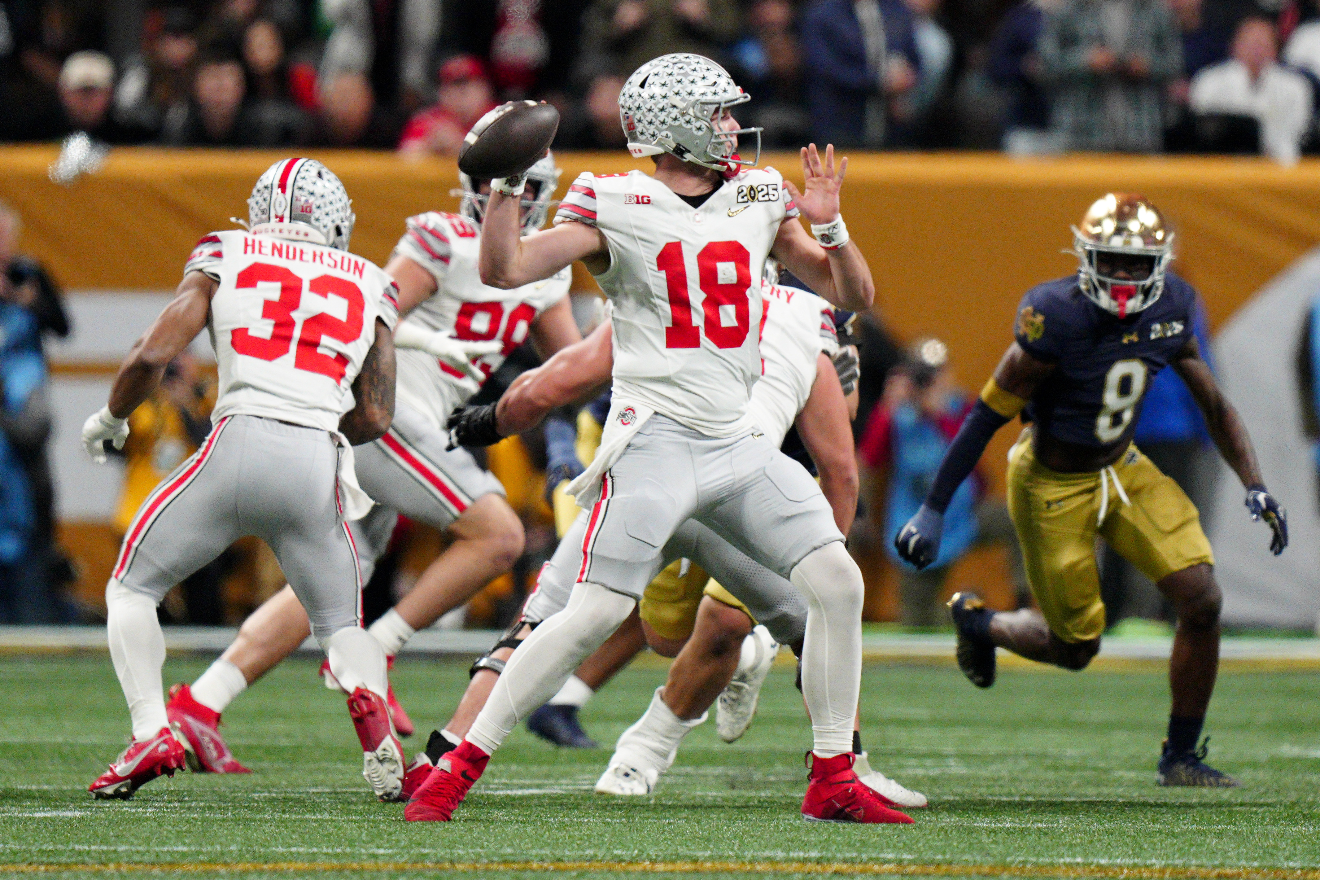 Ohio State quarterback Will Howard passes against Notre Dame during first half of the College Football Playoff national championship game Monday, Jan. 20, 2025, in Atlanta.