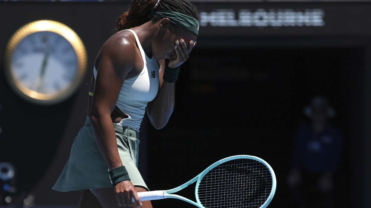 Coco Gauff of the U.S. reacts during her quarterfinal match against Paula Badosa of Spain during their quarterfinal match at the Australian Open tennis championship in Melbourne, Australia, Tuesday, Jan. 21, 2025.