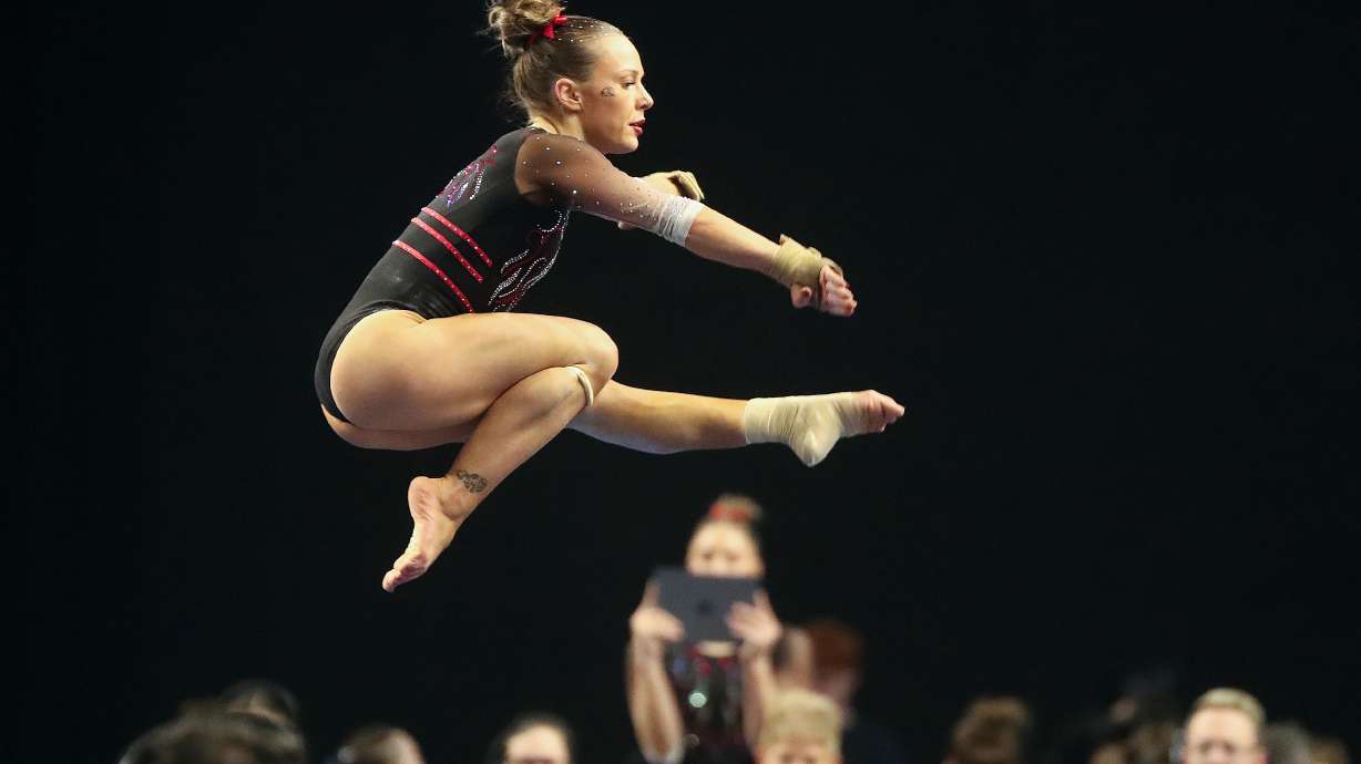 Southern Utah University’s Ellie Cacciola does her floor routine while competing in the Best of Utah gymnastics meet against the University of Utah, Utah State and BYU at the Maverik Center in West Valley City on Monday, Jan. 20, 2025. The University of Utah won.