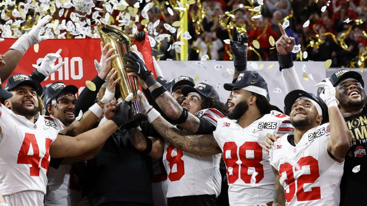 Ohio State celebrates after their win against Notre Dame in the College Football Playoff national championship game Monday, Jan. 20, 2025, in Atlanta.