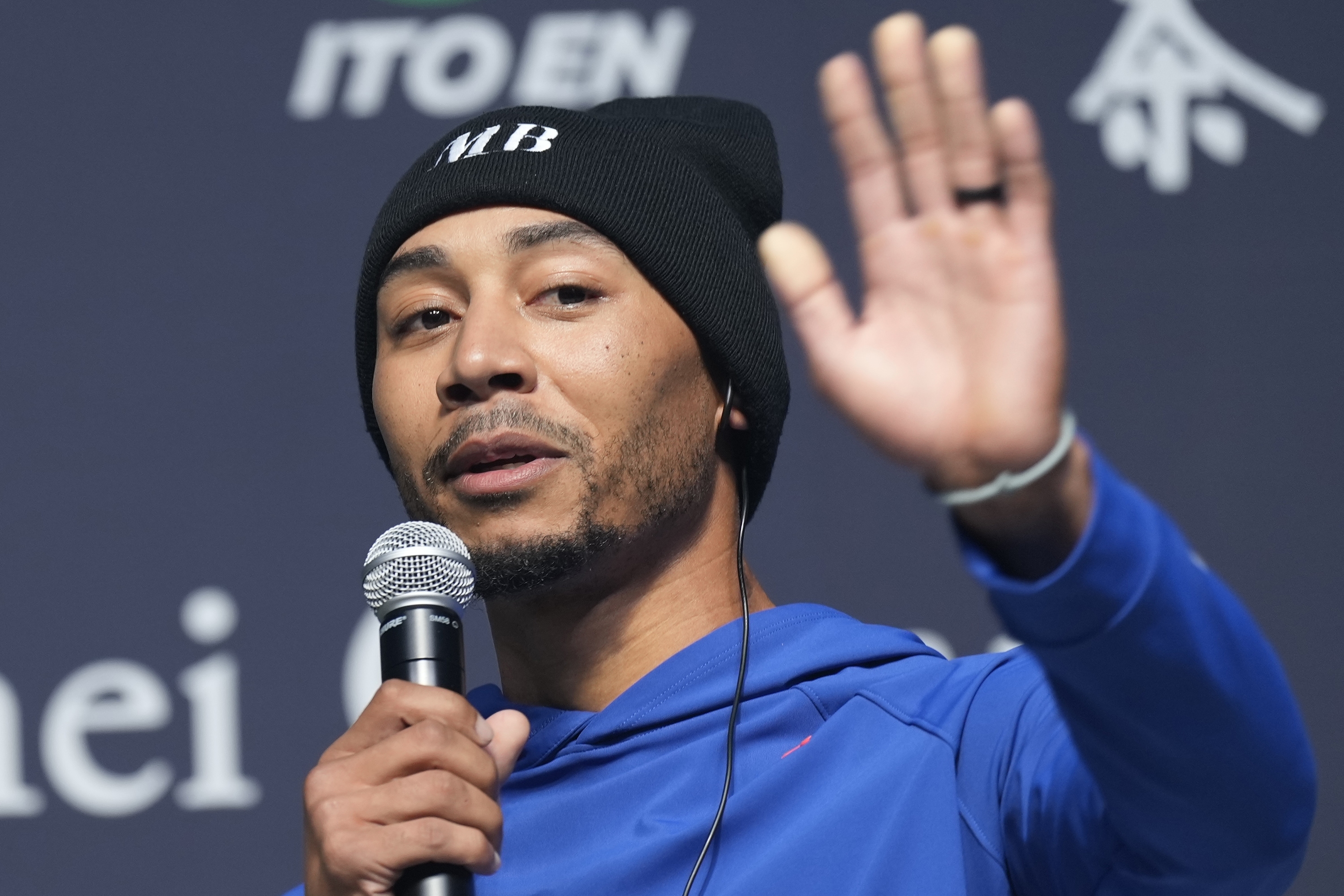 Los Angeles Dodgers right fielder Mookie Betts speaks during a sponsor's promotional event in Tokyo, Tuesday, Jan. 21, 2025.