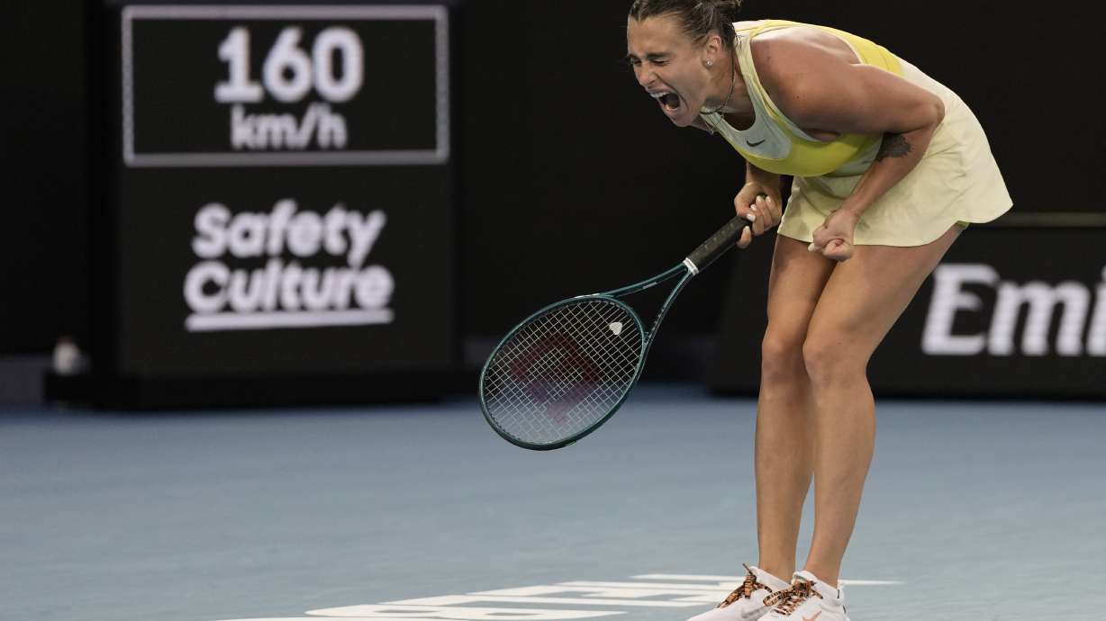Aryna Sabalenka of Belarus reacts during her quarterfinal match against Anastasia Pavlyuchenkova of Russia during their quarterfinal match at the Australian Open tennis championship in Melbourne, Australia, Tuesday, Jan. 21, 2025.