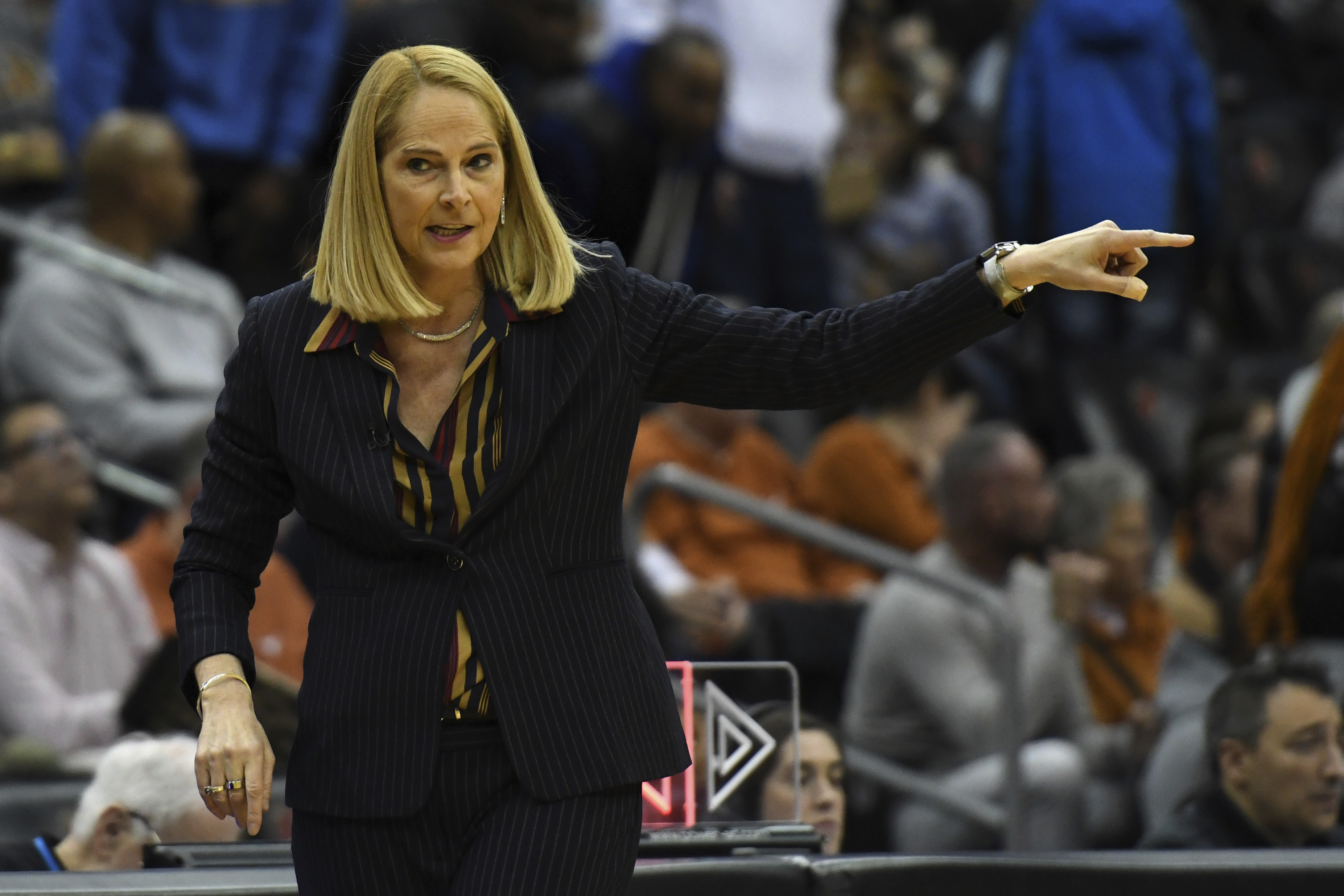 Maryland head coach Brenda Frese points on the court during the first half of an NCAA college basketball game against Texas, Monday, Jan. 20, 2025, in Newark, N.J.