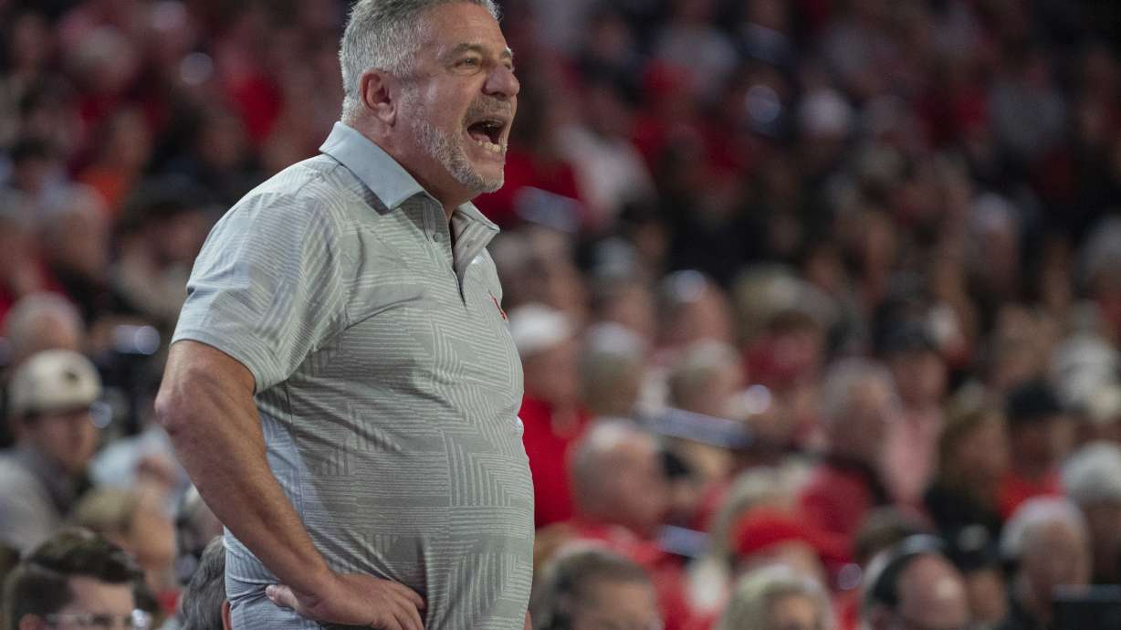 Auburn head coach Bruce Pearl yells to his team during the first half of an NCAA college basketball game against Georgia, Saturday, Jan. 18, 2025, in Athens, Ga.