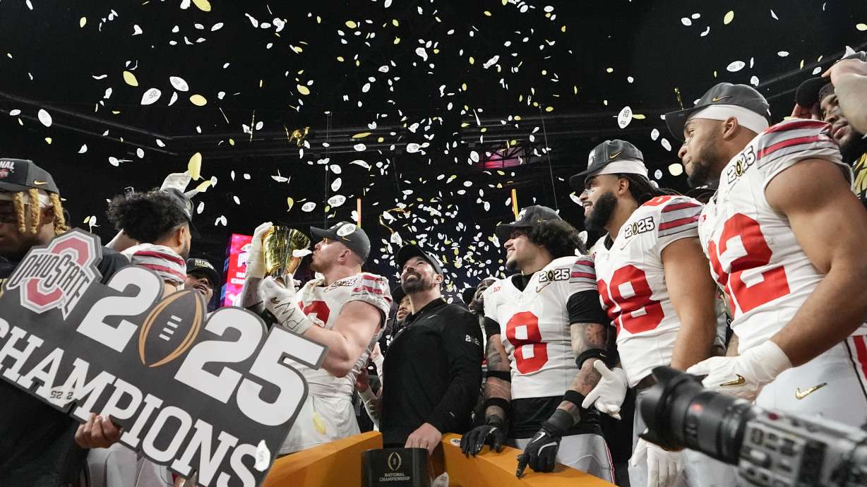 Ohio State celebrates after their win against Notre Dame in the College Football Playoff national championship game Monday, Jan. 20, 2025, in Atlanta.
