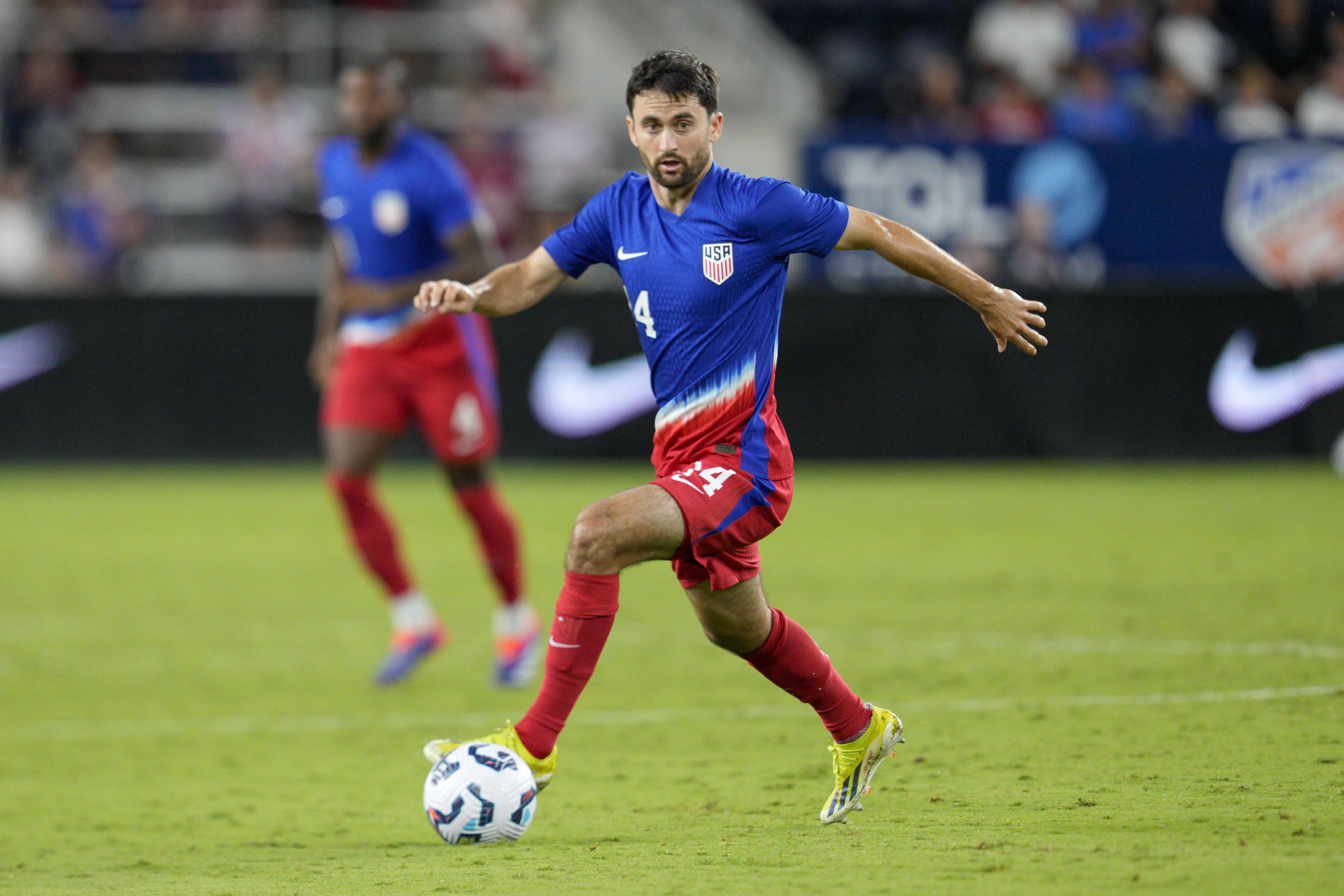 FILE - United States midfielder Luca De La Torre (14) controls the ball during a friendly soccer match against the New Zealand, Tuesday, Sept. 10, 2024, in Cincinnati.