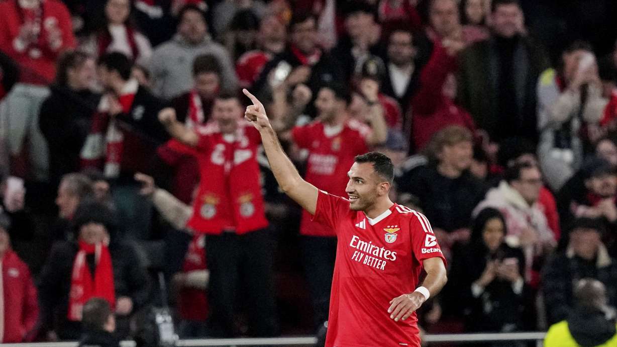 Benfica's Vangelis Pavlidis celebrates his side's third goal during a Champions League opening phase soccer match between SL Benfica and FC Barcelona at the Luz stadium in Lisbon, Tuesday, Jan. 21, 2025.