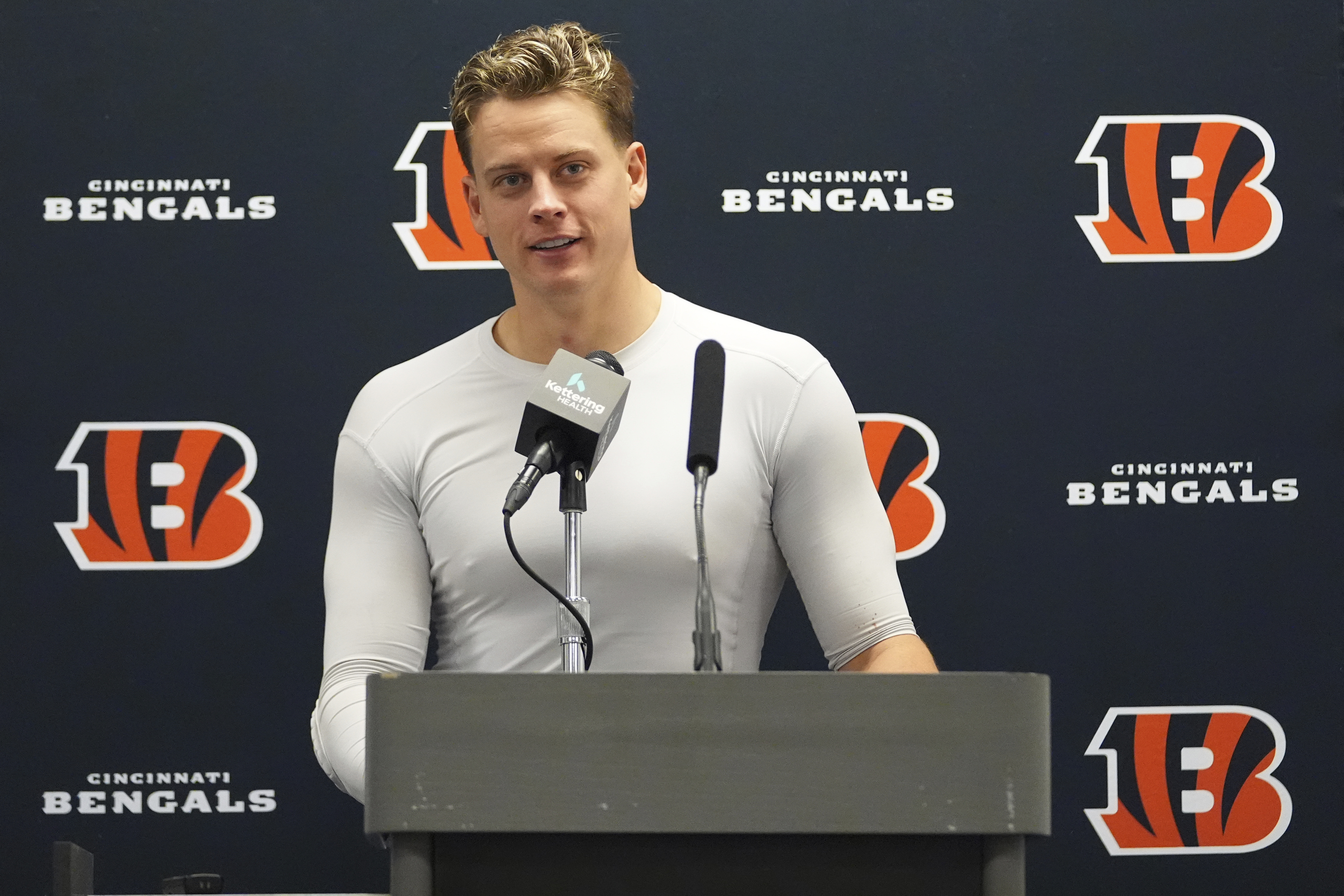 FILE - Cincinnati Bengals quarterback Joe Burrow talks during a news conference after an NFL football game against the Dallas Cowboys, in Arlington, Texas, Dec. 9, 2024.