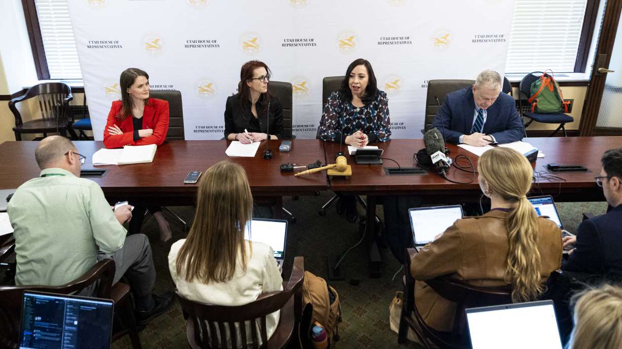 House Democratic Leader Angela Romero speaks about party priorities with other members of the Utah House Democratic Caucus at the Capitol in Salt Lake City on the first day of the legislative session on Tuesday.