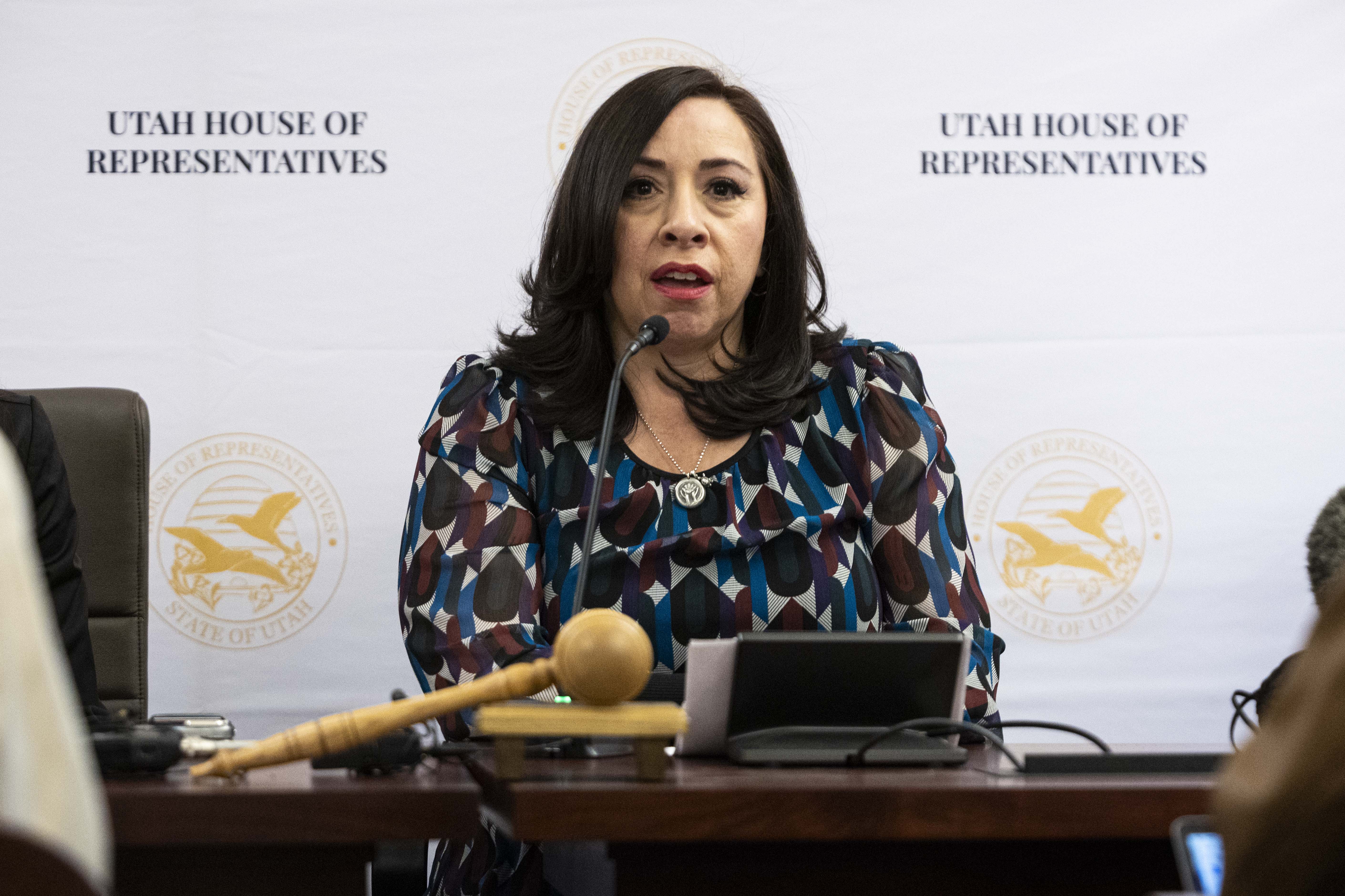 House Democratic Leader Angela Romero speaks with members of the Utah House Democratic Caucus about their priorities at the Capitol in Salt Lake City on the first day of the legislative session on Tuesday.