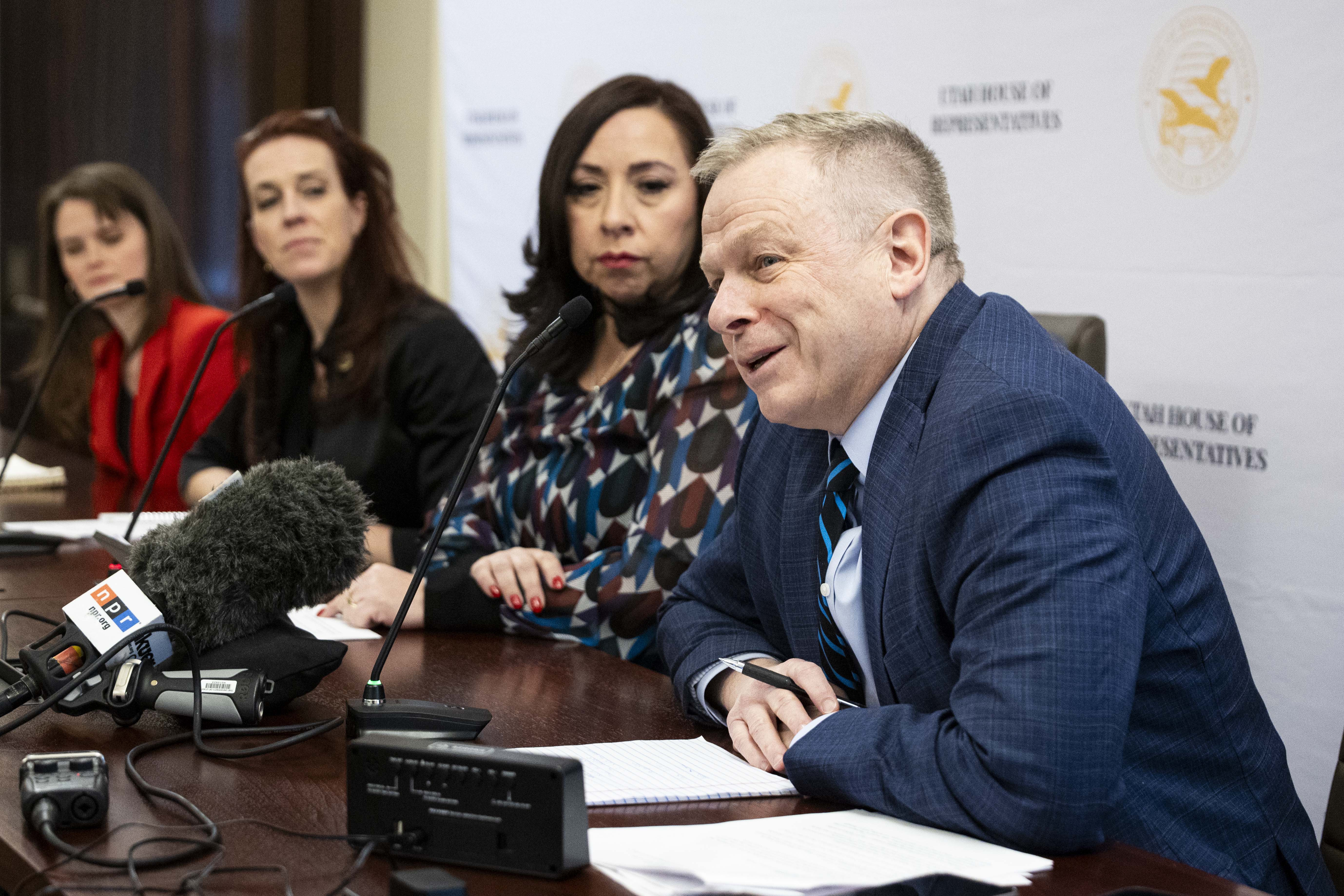 House Democratic Caucus Manager Doug Owens speaks with members of the Utah House Democratic Caucus about their priorities at the Capitol in Salt Lake City on the first day of the legislative session on Tuesday.