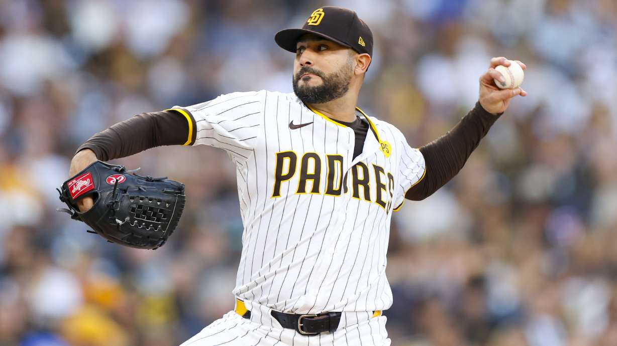 FILE - The then San Diego Padres starting pitcher Martin Perez throws during the second inning of a baseball game against the Chicago White Sox, Saturday, Sept. 21, 2024, in San Diego.