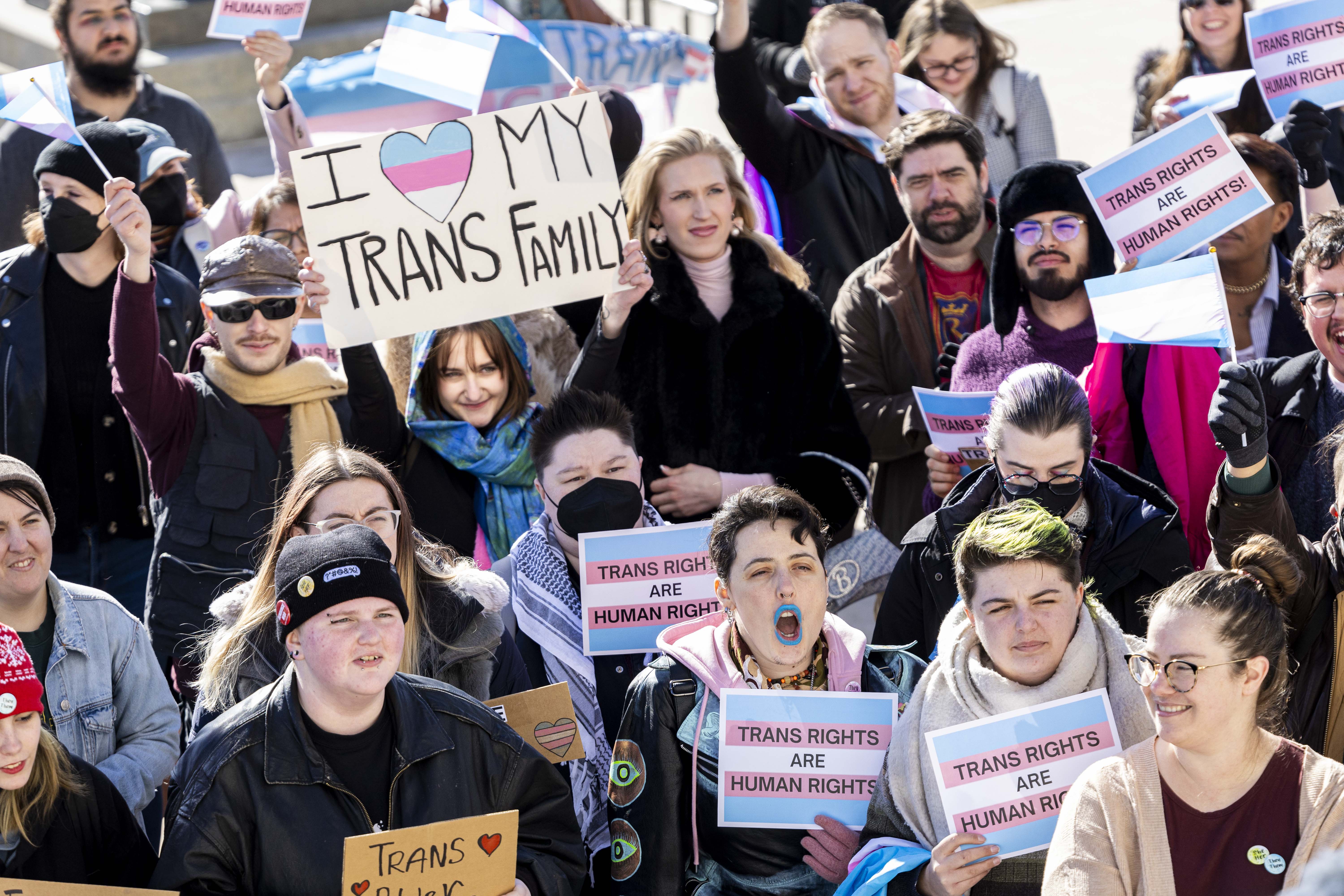 Protesters chant during a demonstration supporting transgender rights at the state Capitol in Salt Lake City on the first day of the legislative session on Tuesday.