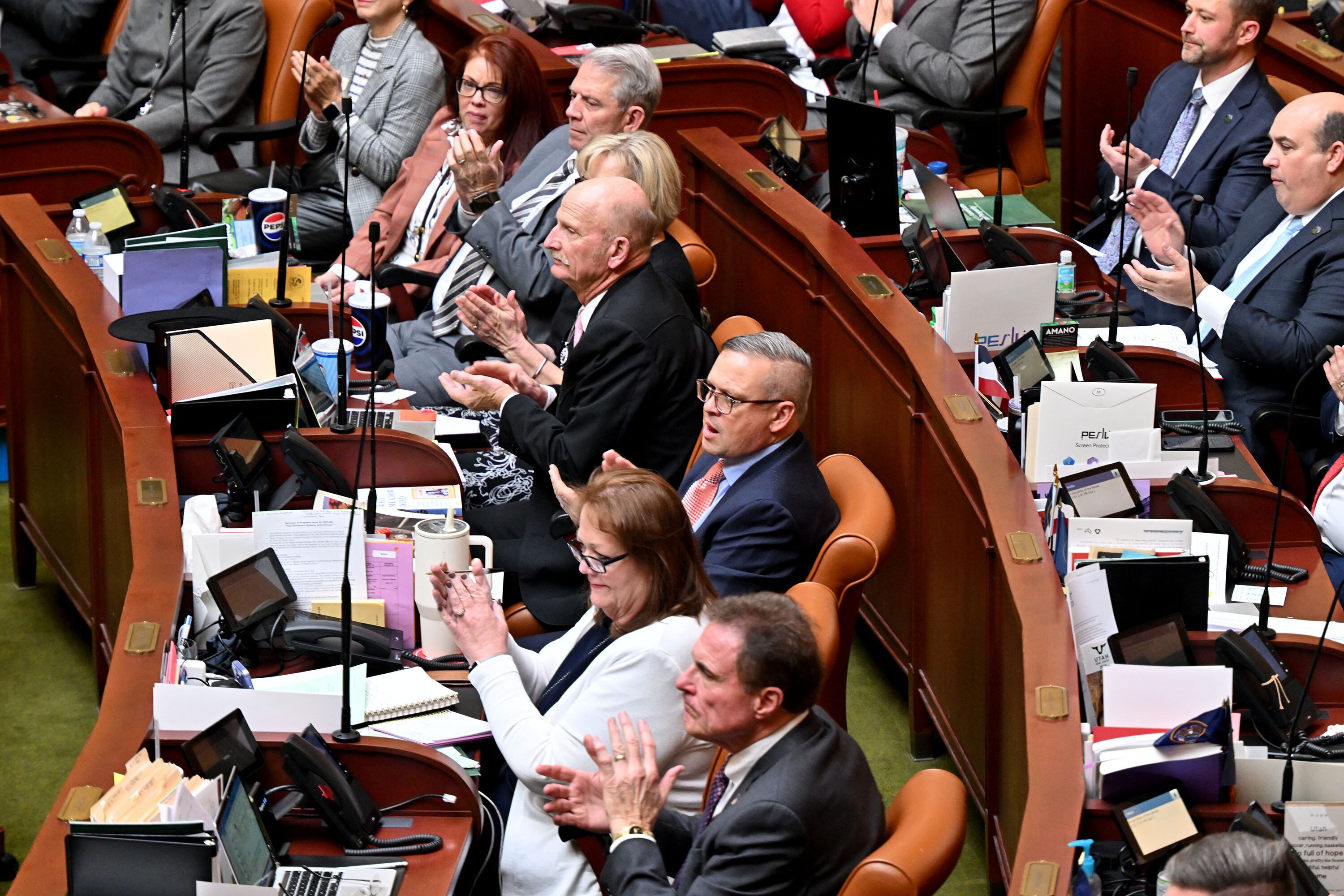 Legislators applaud following Utah’s Supreme Court Chief Justice Matthew B. Durrant, speaking at a joint session of the Utah Legislature inside the House of Representatives at the Capitol in Salt Lake City on Tuesday.