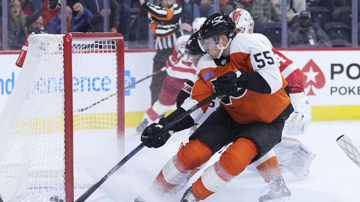 Philadelphia Flyers' Rasmus Ristolainen (55) scores the game-winning goal during overtime in an NHL hockey game against the Detroit Red Wings, Tuesday, Jan. 21, 2025, in Philadelphia.