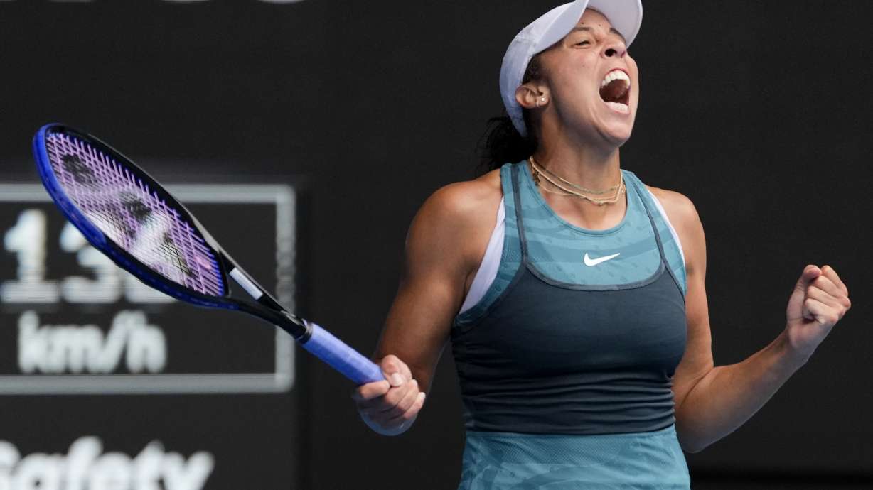 Madison Keys of the U.S. celebrates after defeating Elina Svitolina of Ukraine in their quarterfinal match at the Australian Open tennis championship in Melbourne, Australia, Wednesday, Jan. 22, 2025.