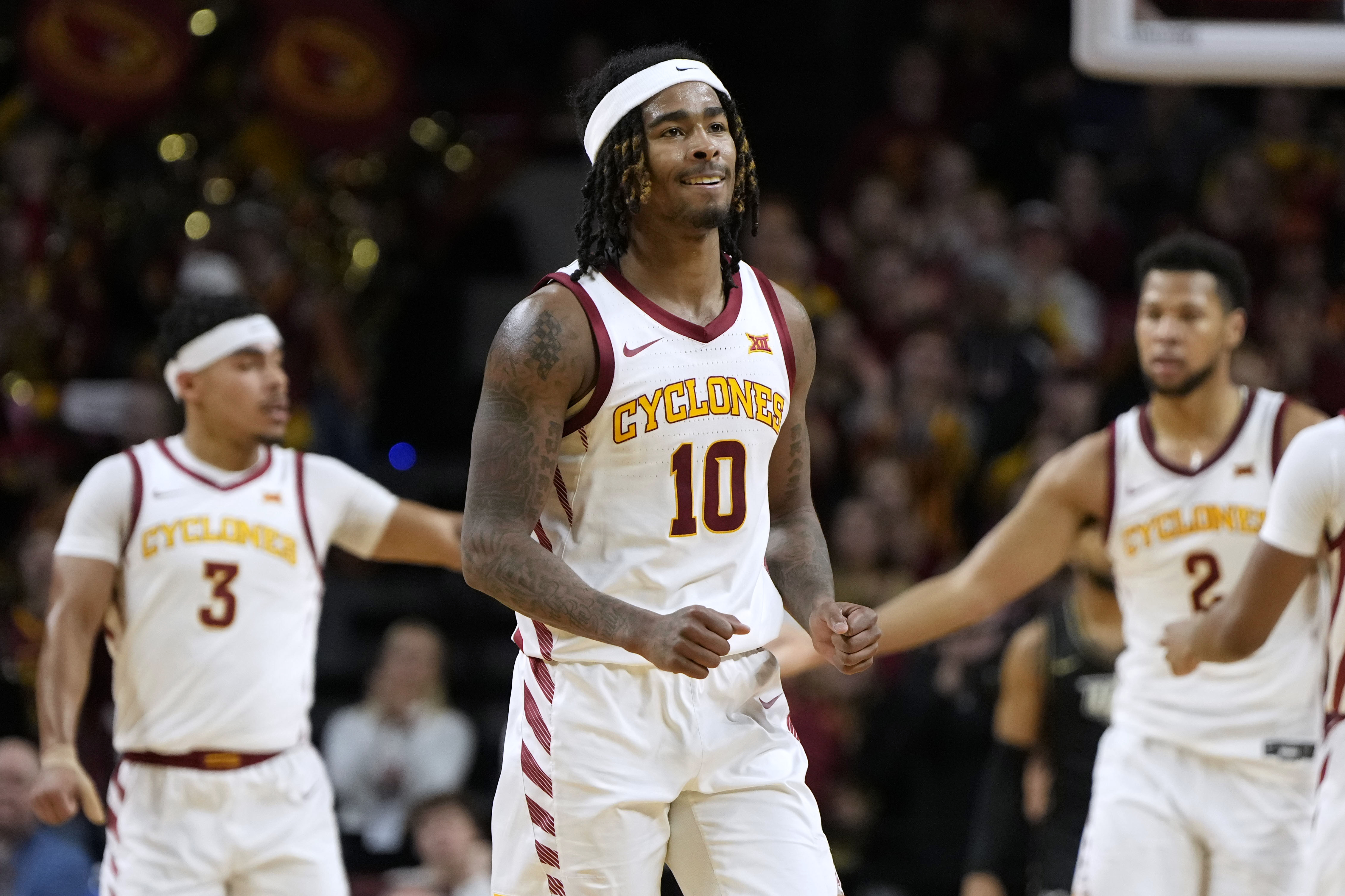 Iowa State guard Keshon Gilbert (10) celebrates with teammates during the first half of an NCAA college basketball game against UCF Tuesday, Jan. 21, 2025, in Ames, Iowa.