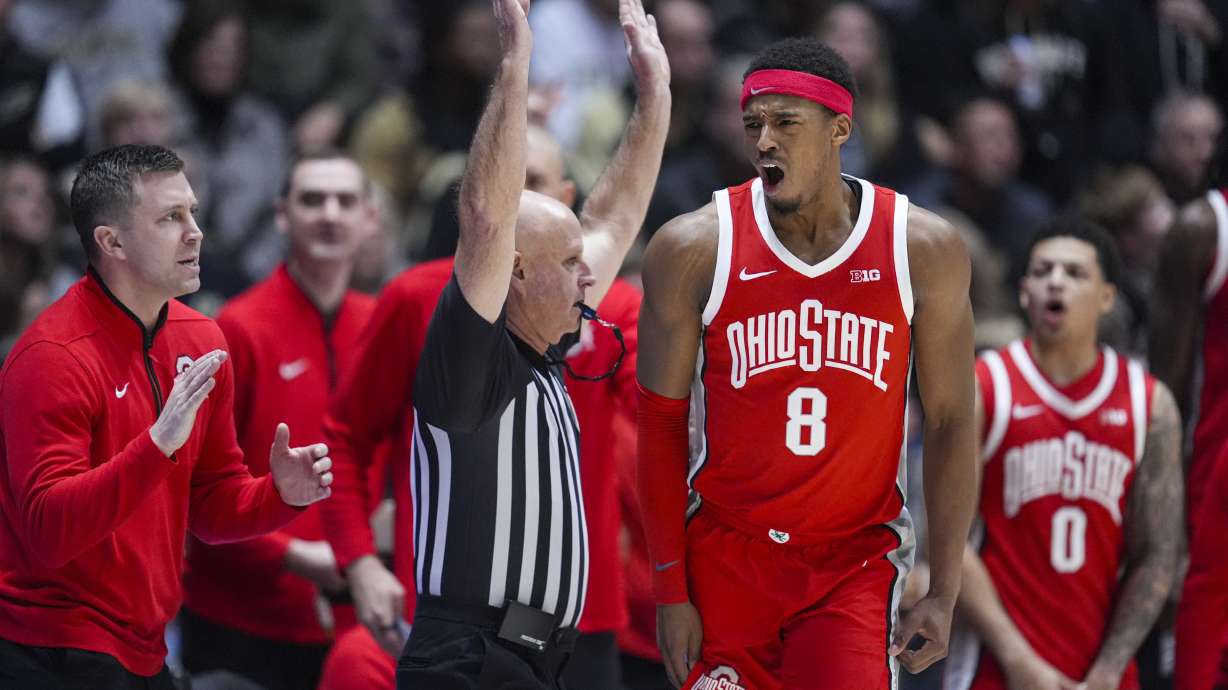 Ohio State guard Micah Parrish (8) celebrates after a three-point basket against Purdue during the second half of an NCAA college basketball game in West Lafayette, Ind., Tuesday, Jan. 21, 2025.