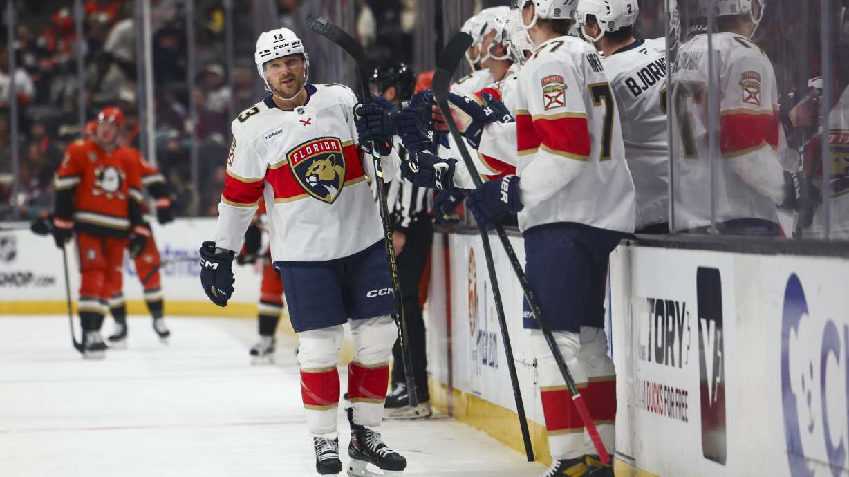 Florida Panthers center Sam Reinhart (13) celebrates with defenseman Niko Mikkola (77) and teammates after scoring a goal during the first period of an NHL hockey game against the Anaheim Ducks, Tuesday, Jan. 21, 2025, in Anaheim, Calif.