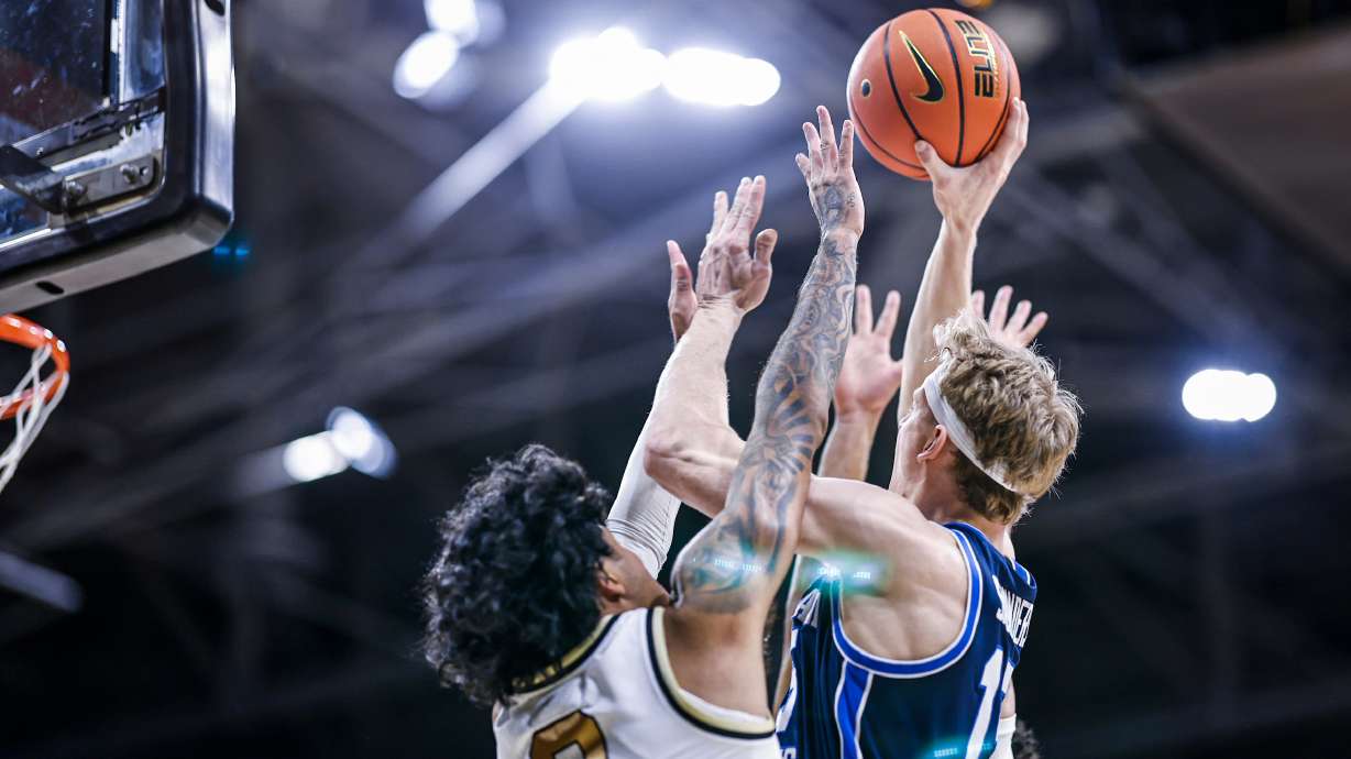 BYU wing Richie Saunders puts up a shot during the Cougars' 83-67 win over Colorado, Tuesday, Jan. 21, 2024, in Boulder, Colorado.