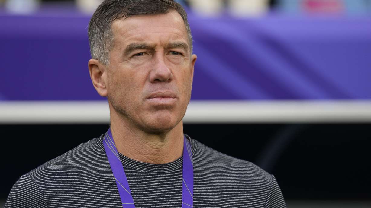 FILE - Uzbekistan's head coach Srecko Katanec looks from the bench before the Asian Cup round of 16 soccer match between Uzbekistan and Thailand at Al Janoub Stadium in Al Wakrah, Qatar, on Jan. 30, 2024.