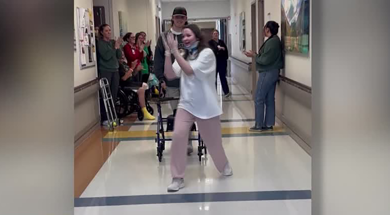 Jessica Wilhite dances out of a hospital in Flagstaff, Ariz., just before Christmas after being seriously injured when a suspected drunken driver hit the car she and her sister were traveling in on Nov. 22, 2024.