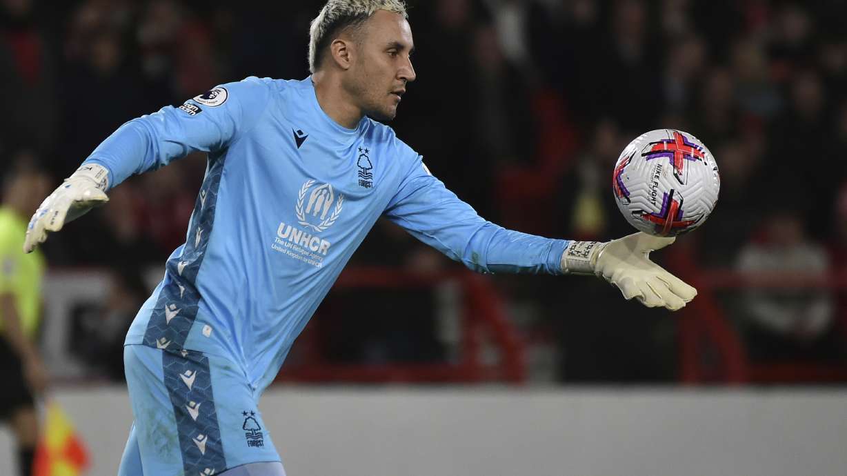 FILE - Goalkeeper Keylor Navas, of Nottingham Forest, kicks the ball during the English Premier League soccer match with Newcastle United in Nottingham, England, March 17, 2023.
