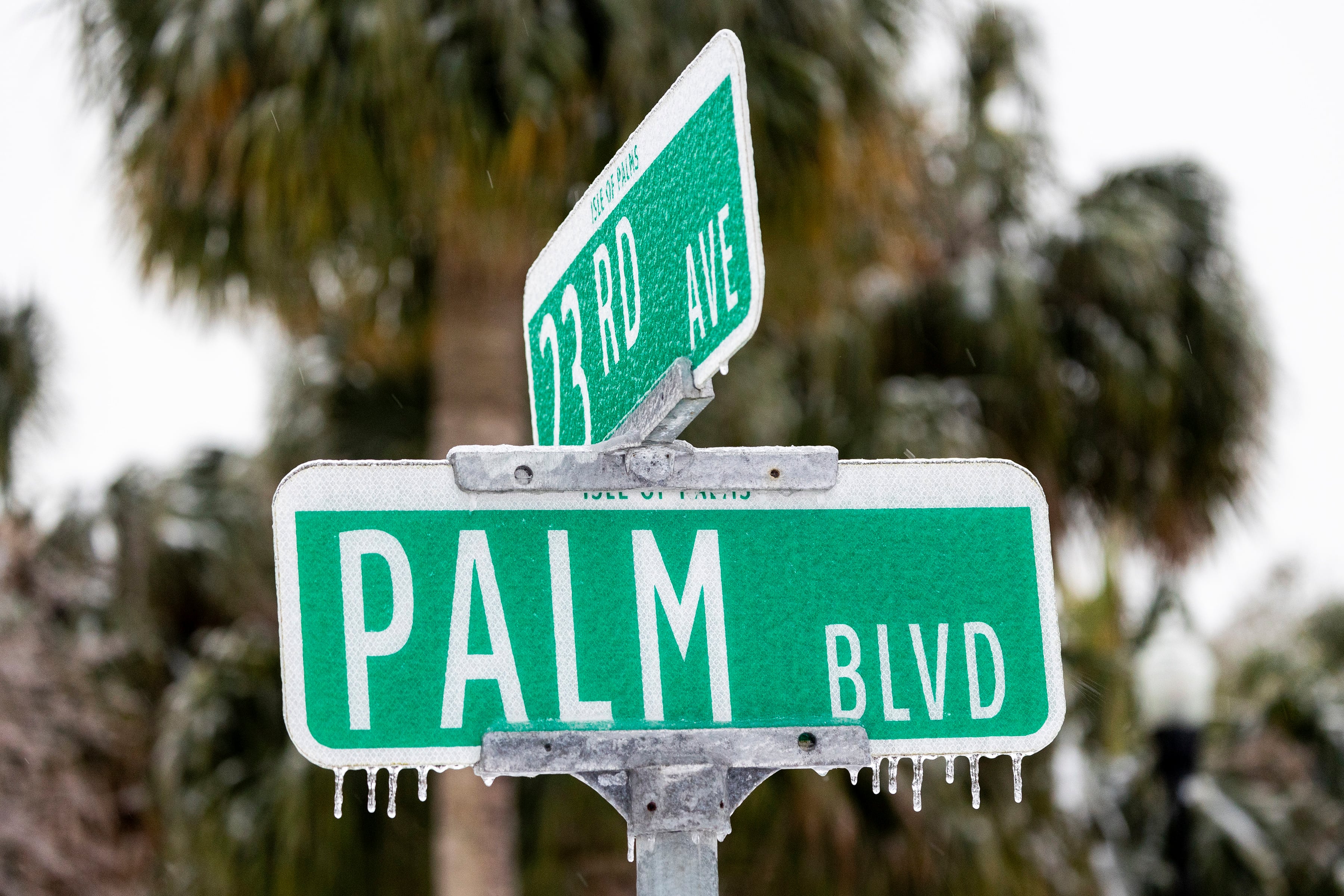 A street sign is covered in ice after a winter storm passed by Wednesday, on Isle of Palms, S.C.