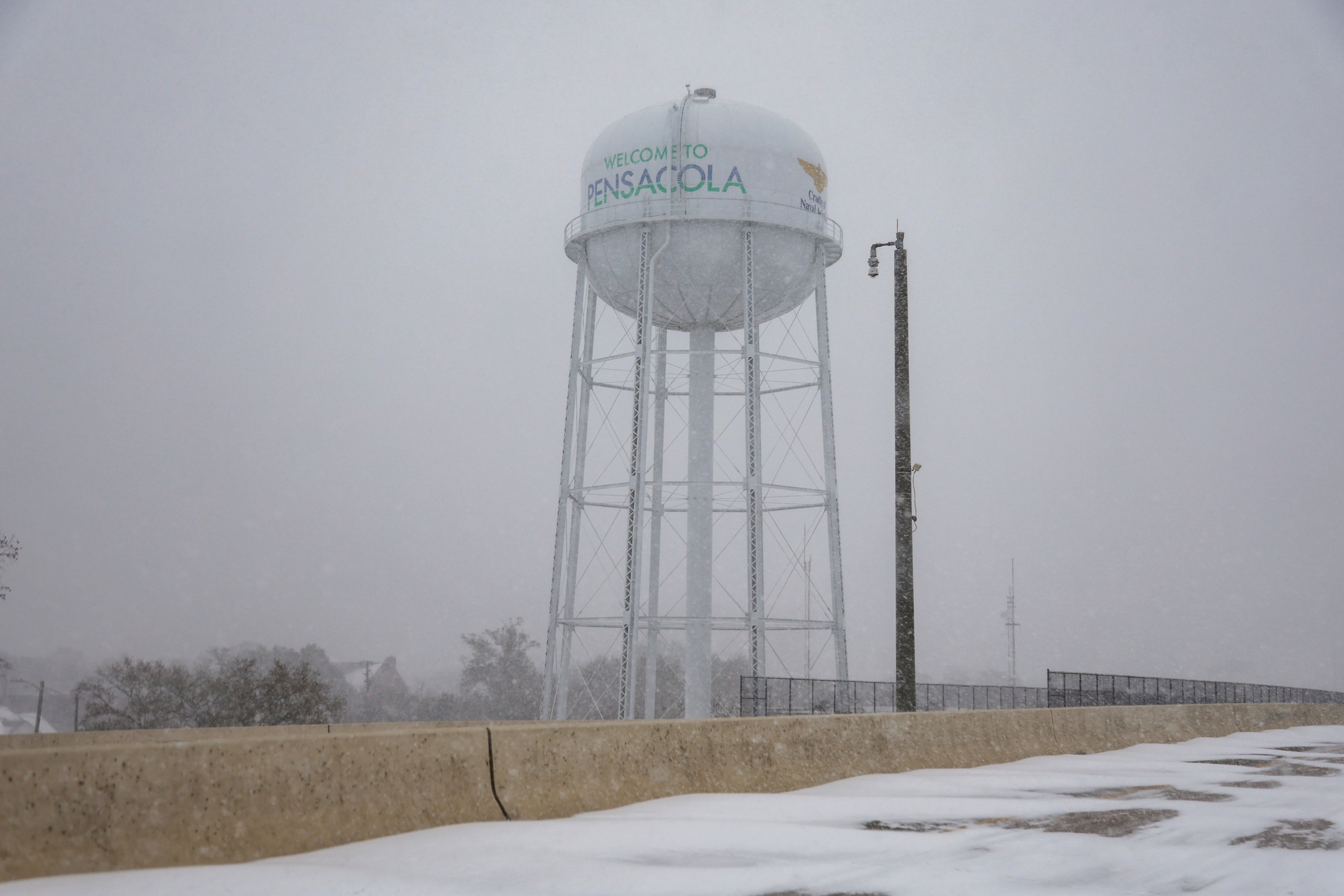 Heavy snow and ice on Interstate 110 on Tuesday, in Pensacola, Fla.