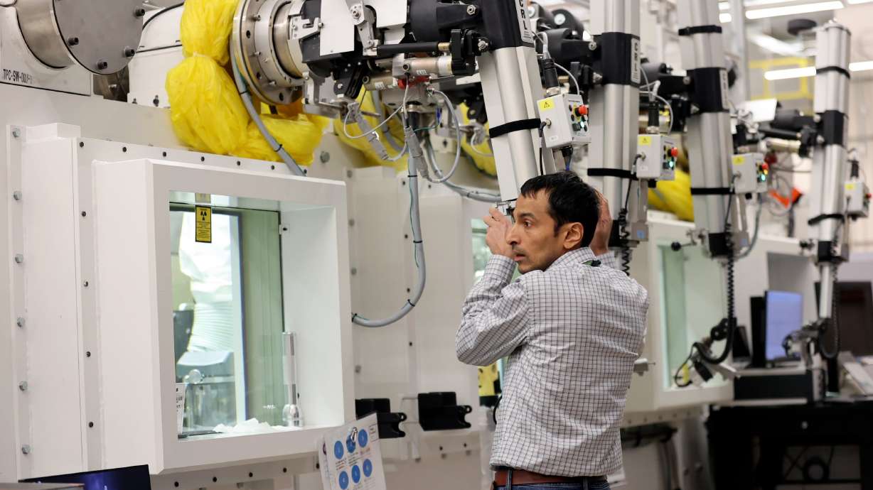 Narayan Poudel, Idaho National Laboratory instrument scientist, works on thermophysical properties characterization in the Materials and Fuels Complex at the Idaho National Laboratory in a remote area west of Idaho Falls, Idaho, on April 5, 2023.
