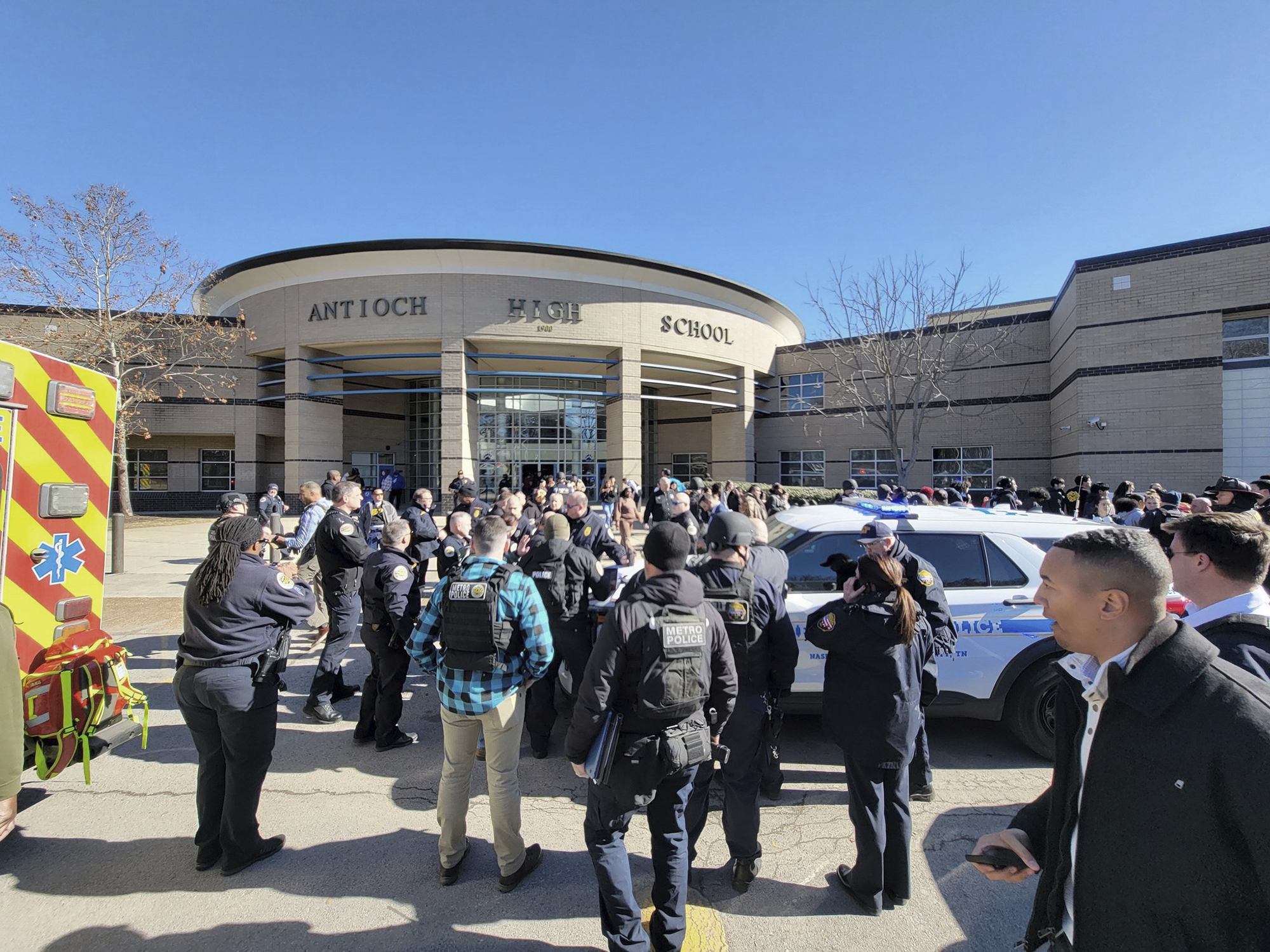 Emergency personnel gather outside Antioch High School after a shooting incident on Wednesday in Nashville, Tenn. 