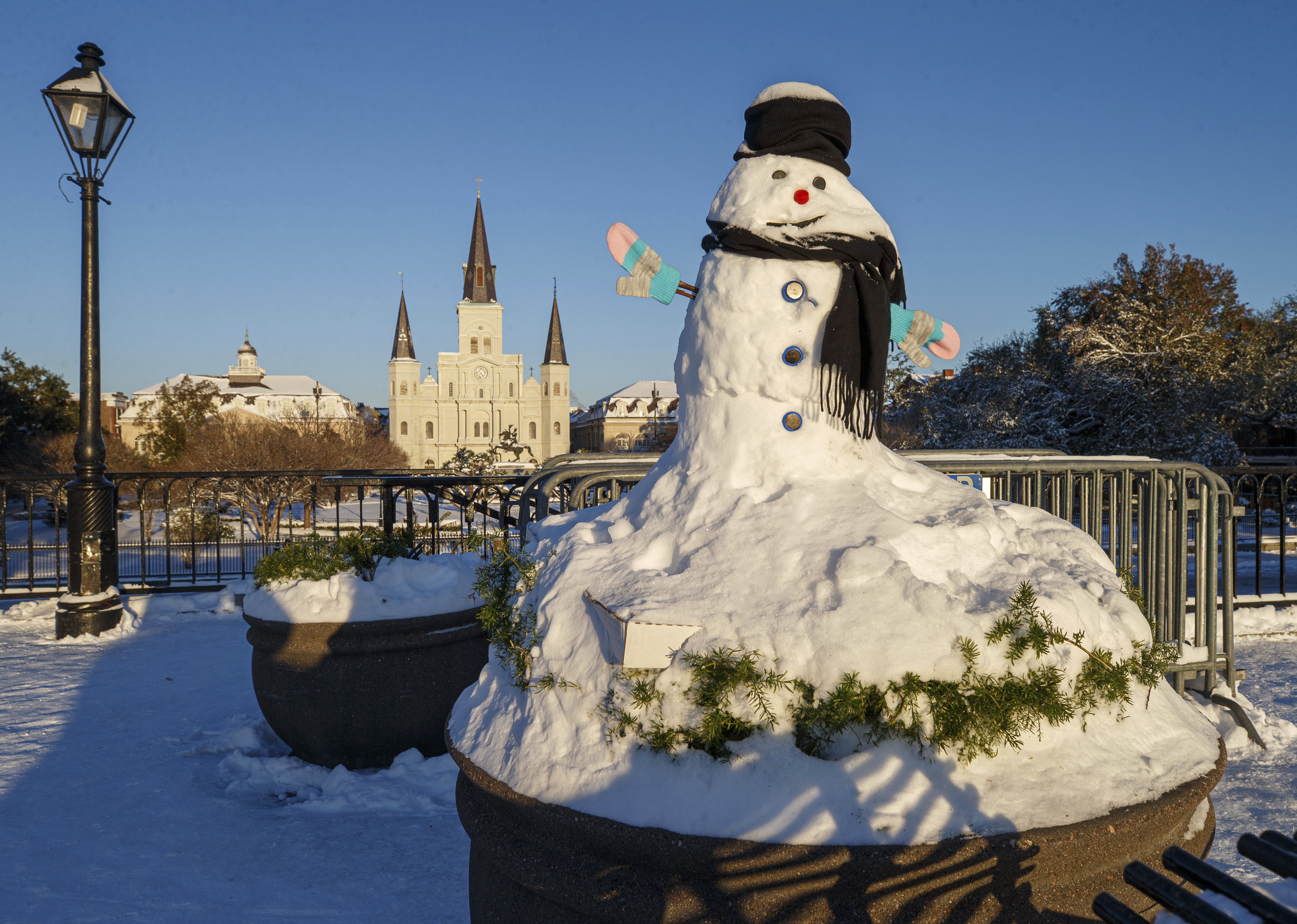 A snowman was made in front of Jackson Square and the St. Louis Cathedral in New Orleans, La. during the snowstorm on Tuesday, photographed early Wednesday morning, Jan. 22, 2025.