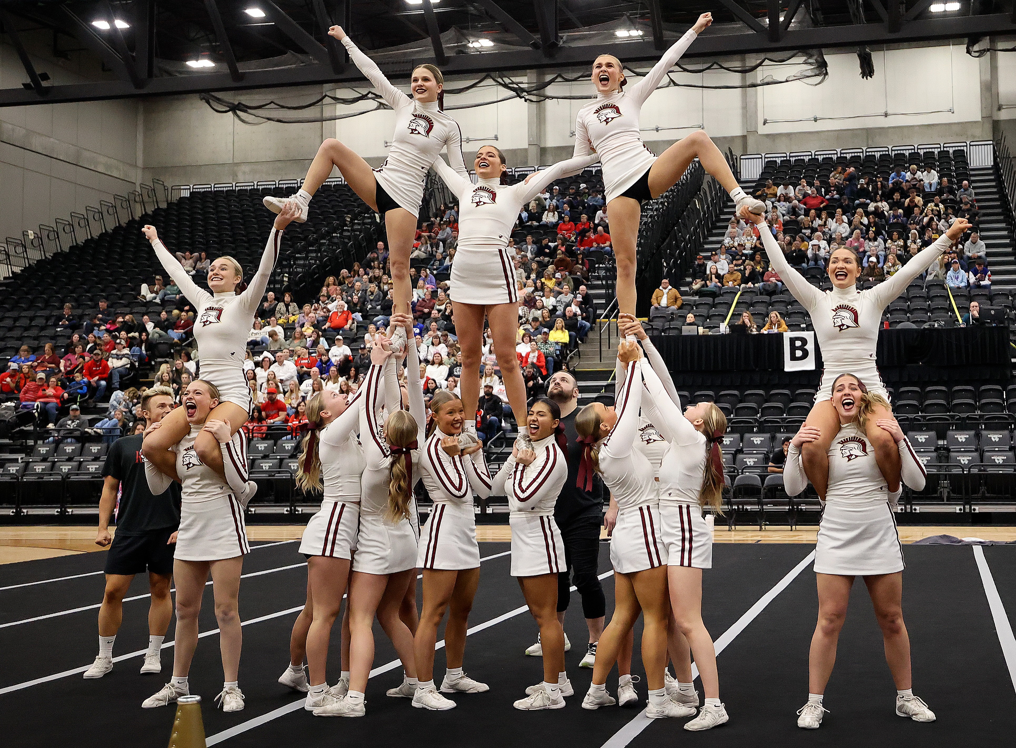 Morgan competes in the 3A cheerleading state tournament at the UCCU Center in Orem on Wednesday, Jan. 22, 2025. Morgan won the overall for the all-girls category.