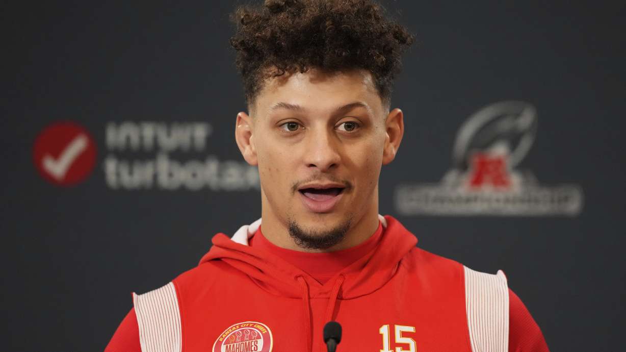 Kansas City Chiefs quarterback Patrick Mahomes speaks to the media before the NFL football team's practice Wednesday, Jan. 22, 2025, in Kansas City, Mo.