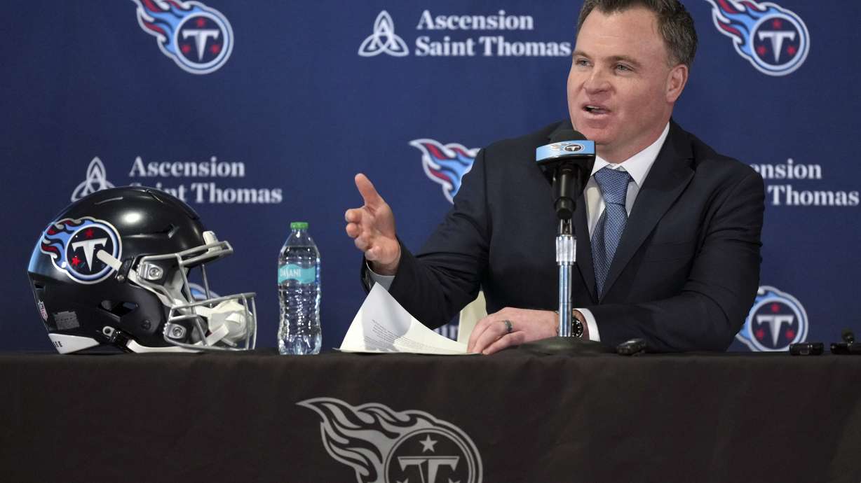 Tennessee Titans new general manager Mike Borgonzi speaks during his introductory news conference at the NFL football team's training facility Wednesday, Jan. 22, 2025, in Nashville, Tenn.
