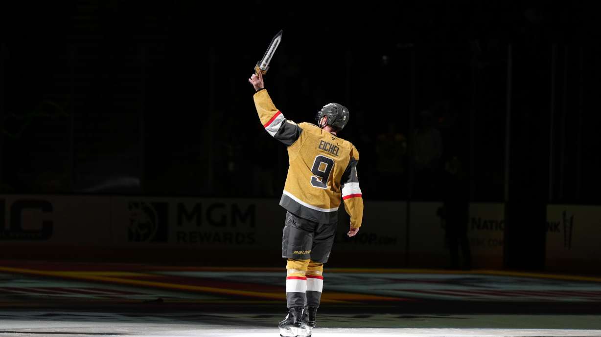 Vegas Golden Knights center Jack Eichel (9) waves to fans after an NHL hockey game against the Buffalo Sabres, Saturday, Jan. 4, 2025, in Las Vegas.