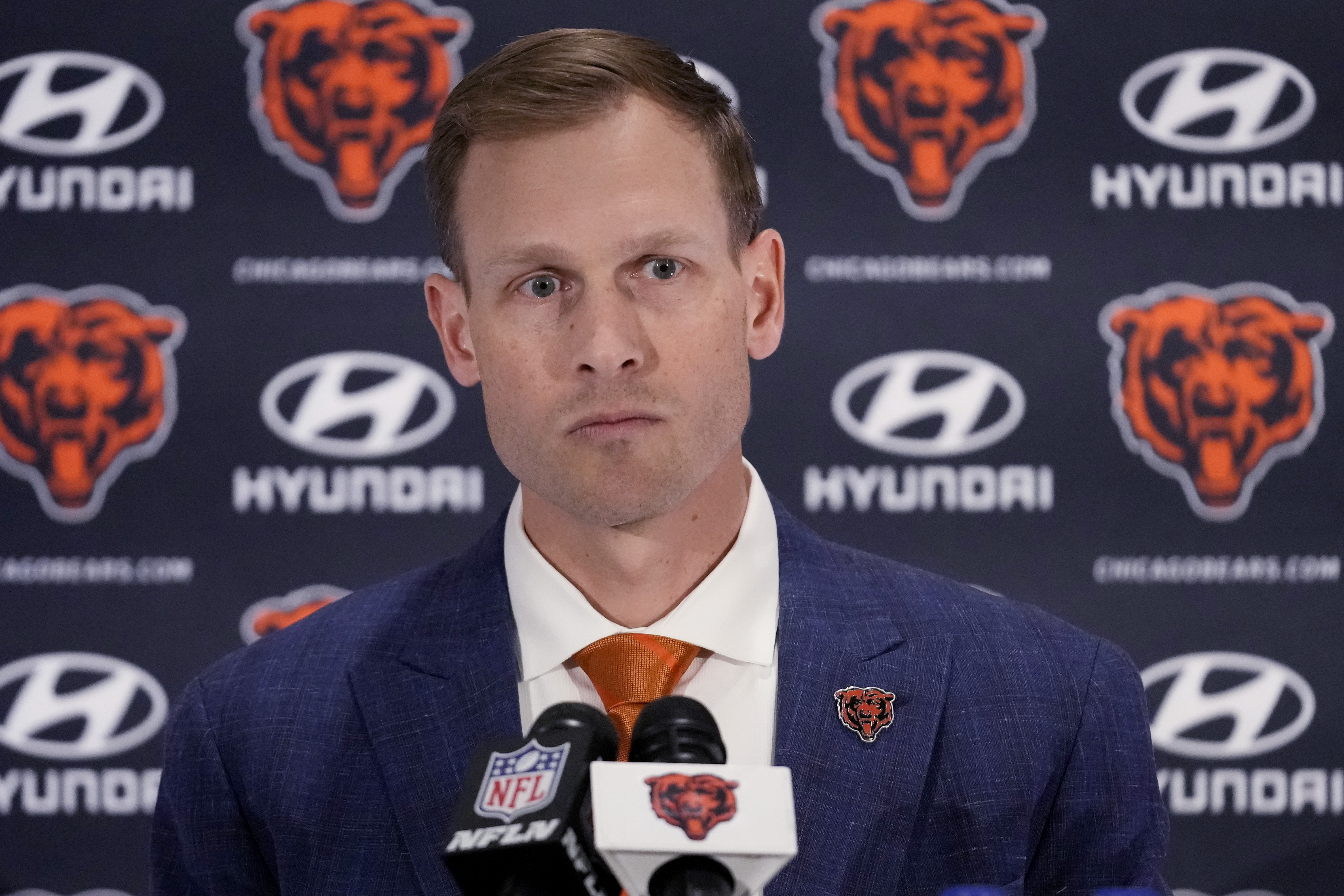 Chicago Bears new coach Ben Johnson listens following his introduction at an NFL football news conference at Halas Hall in Lake Forest, Ill., Wednesday, Jan. 22, 2025.