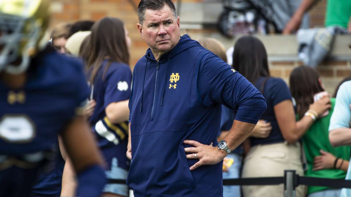 FILE - Notre Dame defensive coordinator Al Golden surveys the field before an NCAA college football game against Stanford, Saturday, Oct. 12, 2024, in South Bend, Ind.
