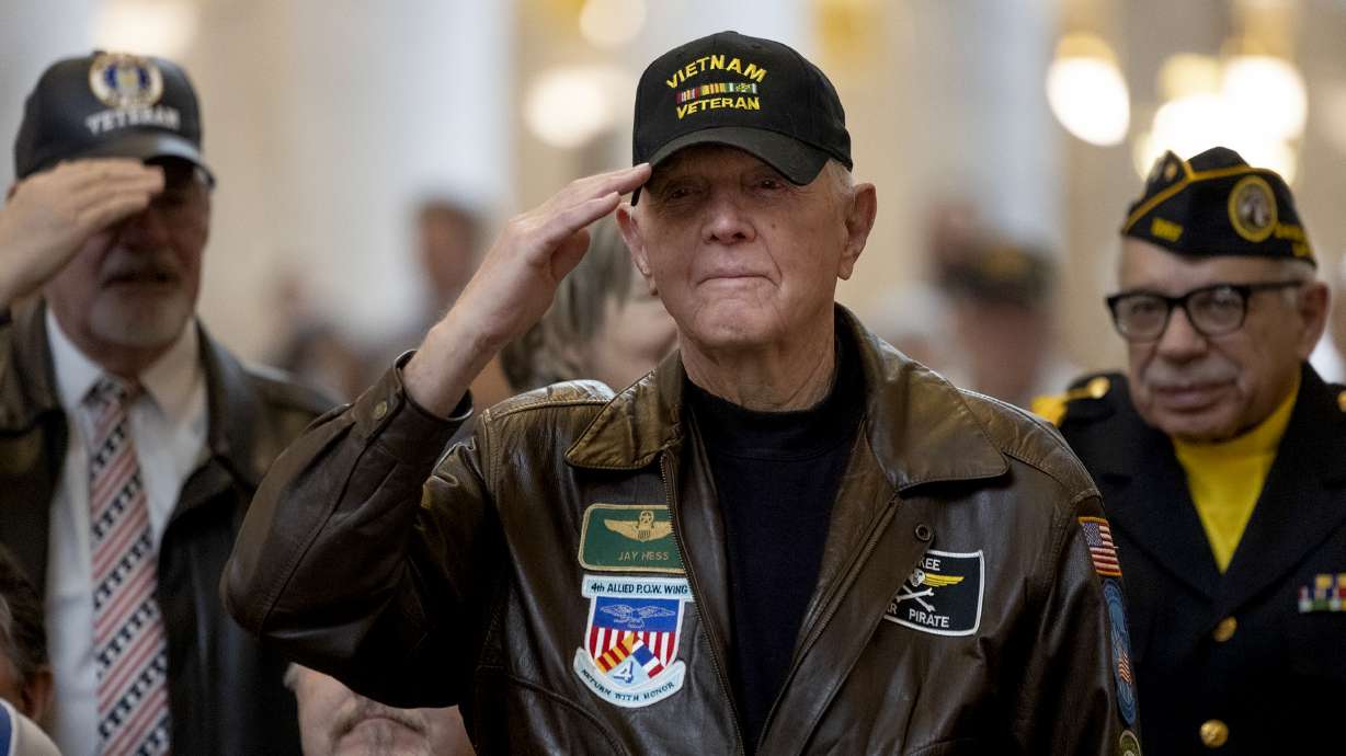 Vietnam War veteran and POW Lt. Col. Jay Hess, center, at a ceremony for Vietnam War veterans at the Capitol in Salt Lake City on March 29, 2023. The Utah Department of Veterans and Military Affairs along with Salt Lake Community College created a Veterans Business Resource Center and have declared 2025 "Year of the Veteran Entrepreneur."